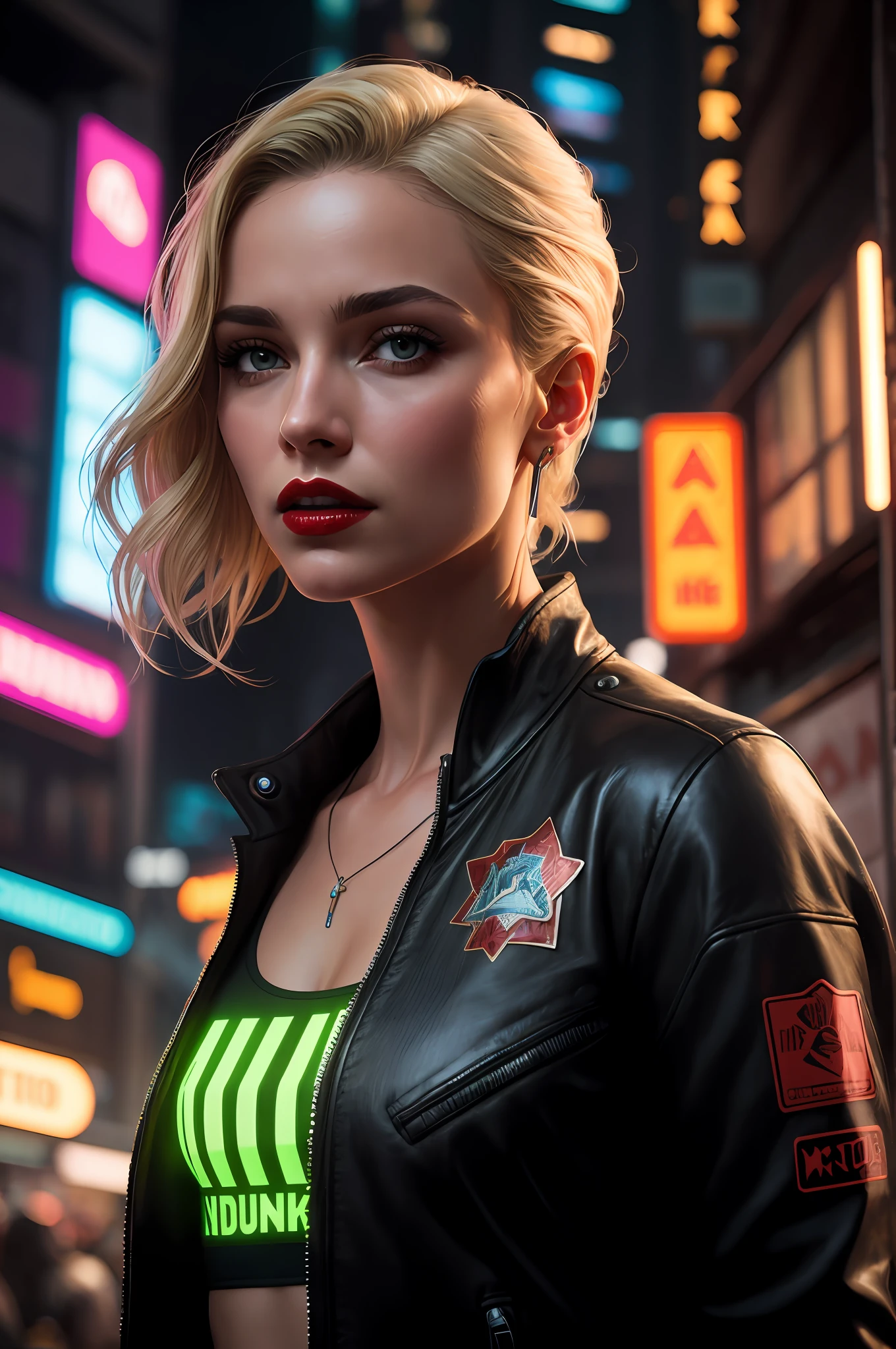 Close-up, neve, uma supermodelo muito bonita, blonde, com quadris muito largos e cintura estreita, full lips, cintura pequena e quadris grandes, Red lipstick, com roupas cyberpunk em uma cidade cyberpunk movimentada com placas de neon, neon lights, foco nítido, Studio photo, detalhes intrincados, altamente detalhado, profundidade de campo, foco nítido, High detail, textura de pele realista, Realistic, fotorrealista, arte digital, pintura fosca, Directed by: Greg Rutkowski