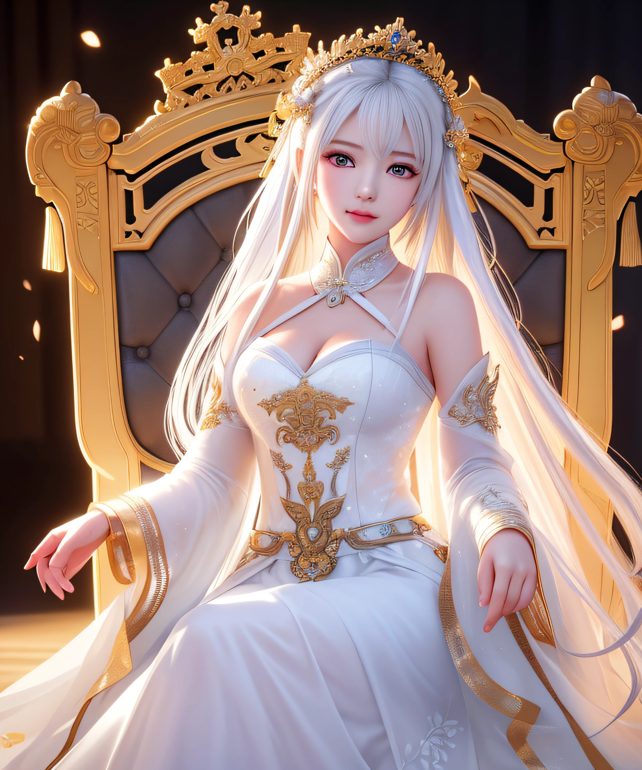 (Masterpiece:1.2), best quality, (illustration:1.2), (ultra-detailed), hyper details, (delicate detailed), (intricate details), (cinematic light, best quality Backlights), clear line, from below, soloist, perfect body, (1girl), white hair and yellow eyes, (emperor, black see-through clothes), (crown: 1.1), sitting on the throne, eyes slightly closed, head down, (shy: 1.2 ), (makeup), high contrast, (best illumination, an extremely create and beautiful), (cinematic light), colorful,