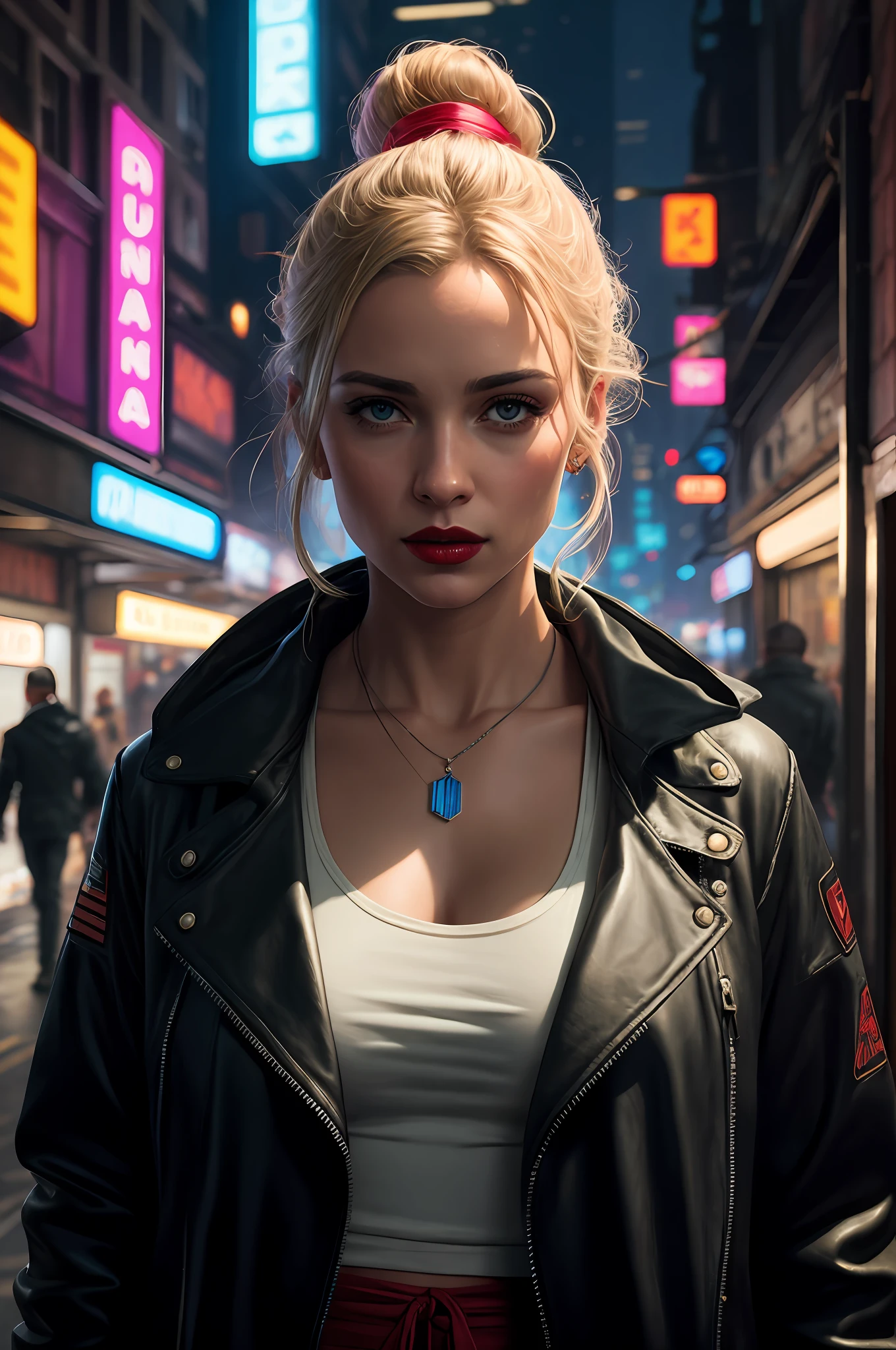 Close-up, neve, uma supermodelo muito bonita, blonde, com quadris muito largos e cintura estreita, full lips, cintura pequena e quadris grandes, Red lipstick, com roupas cyberpunk em uma cidade cyberpunk movimentada com placas de neon, neon lights, foco nítido, Studio photo, detalhes intrincados, altamente detalhado, profundidade de campo, foco nítido, High detail, textura de pele realista, Realistic, fotorrealista, arte digital, pintura fosca, Directed by: Greg Rutkowski