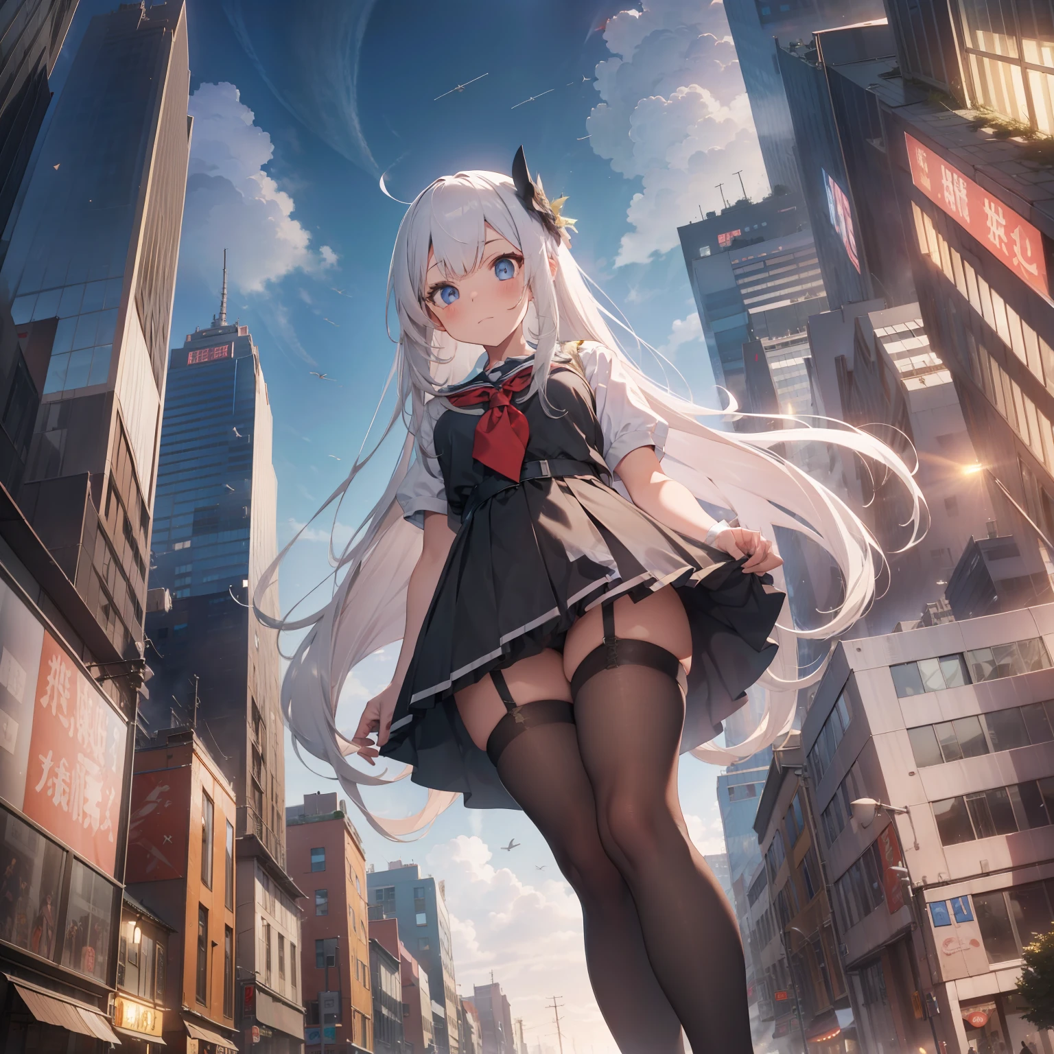 1girl, giantess, beautiful detailed eyes, long white hair, light blue eyes, school uniform, high white stocking, lustrous skin, tiny skyscrapers, tiny city, tiny urban background, debris and damaged skyscrapers. She is looking to the viewer. Add helicopters or other aircraft buzzing around the giant girl to adding to the chaos and excitement evil, tsundere, first-person view, pov, from below, perspective, full body. , high contrast, ((masterpiece, best quality))