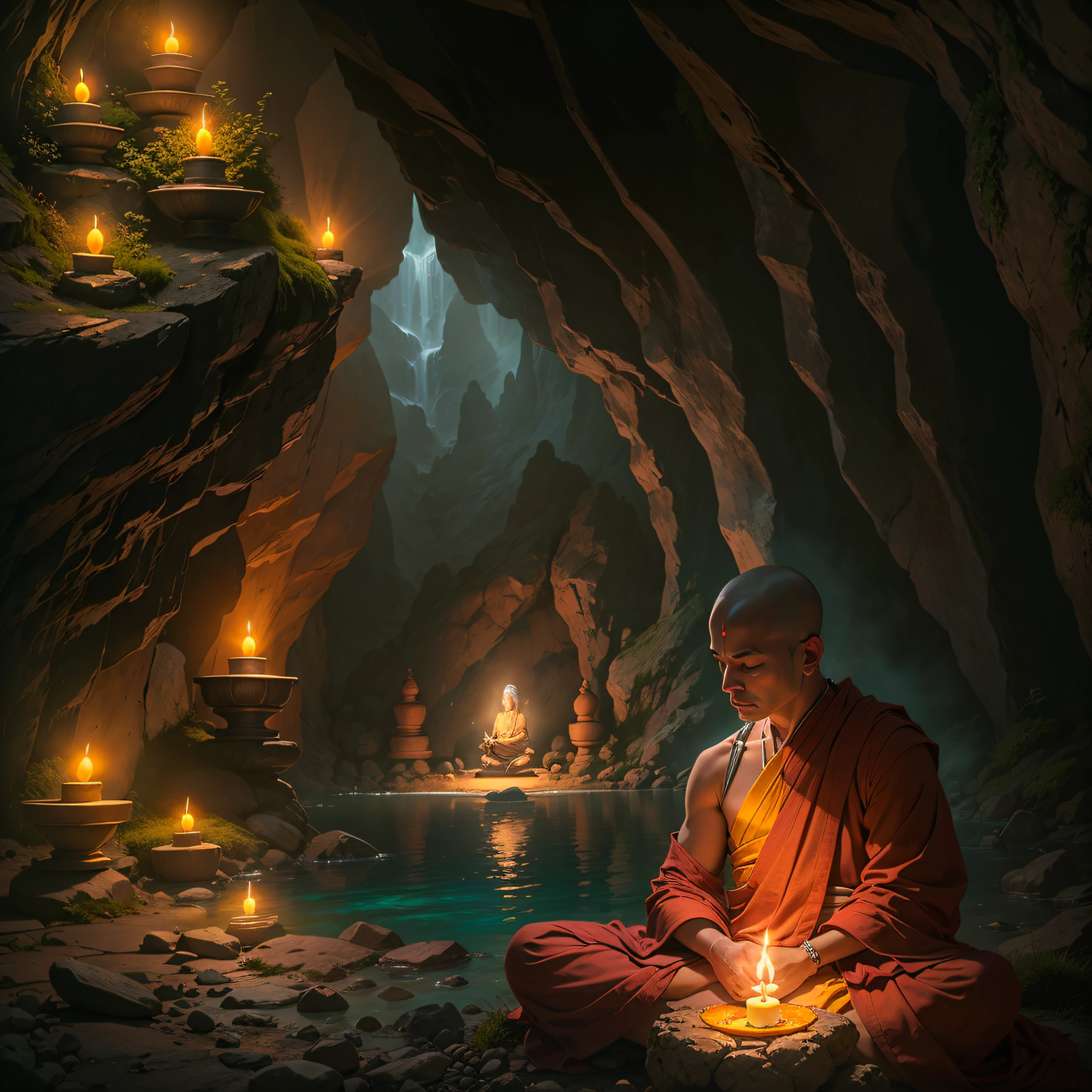 a person sitting in a cave with candles lit up, hindu stages of meditation, monk meditate, meditating, a mystical temple, praying meditating, buddhist monk meditating, glowing temple in the distance, floating in a powerful zen state, buddhism, meditation, buddhist, in a cave with the waterfall, mystical setting, underground temple, mysterious temple setting,