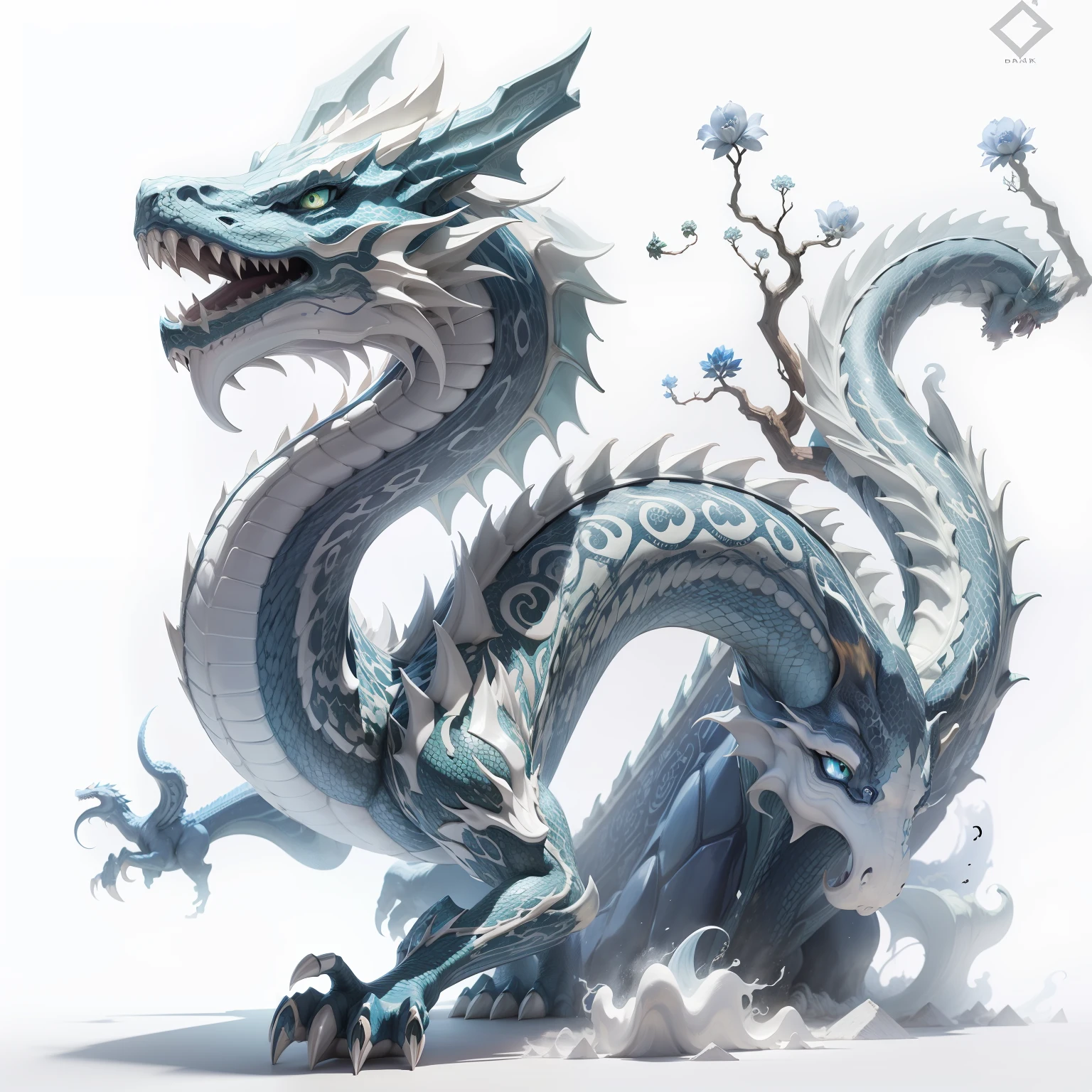drak,Blue and white porcelain,Green Dragon,mythological beasts,ferocious,bucktooth,Clear lines,k hd,Pattern,Clear lines --auto