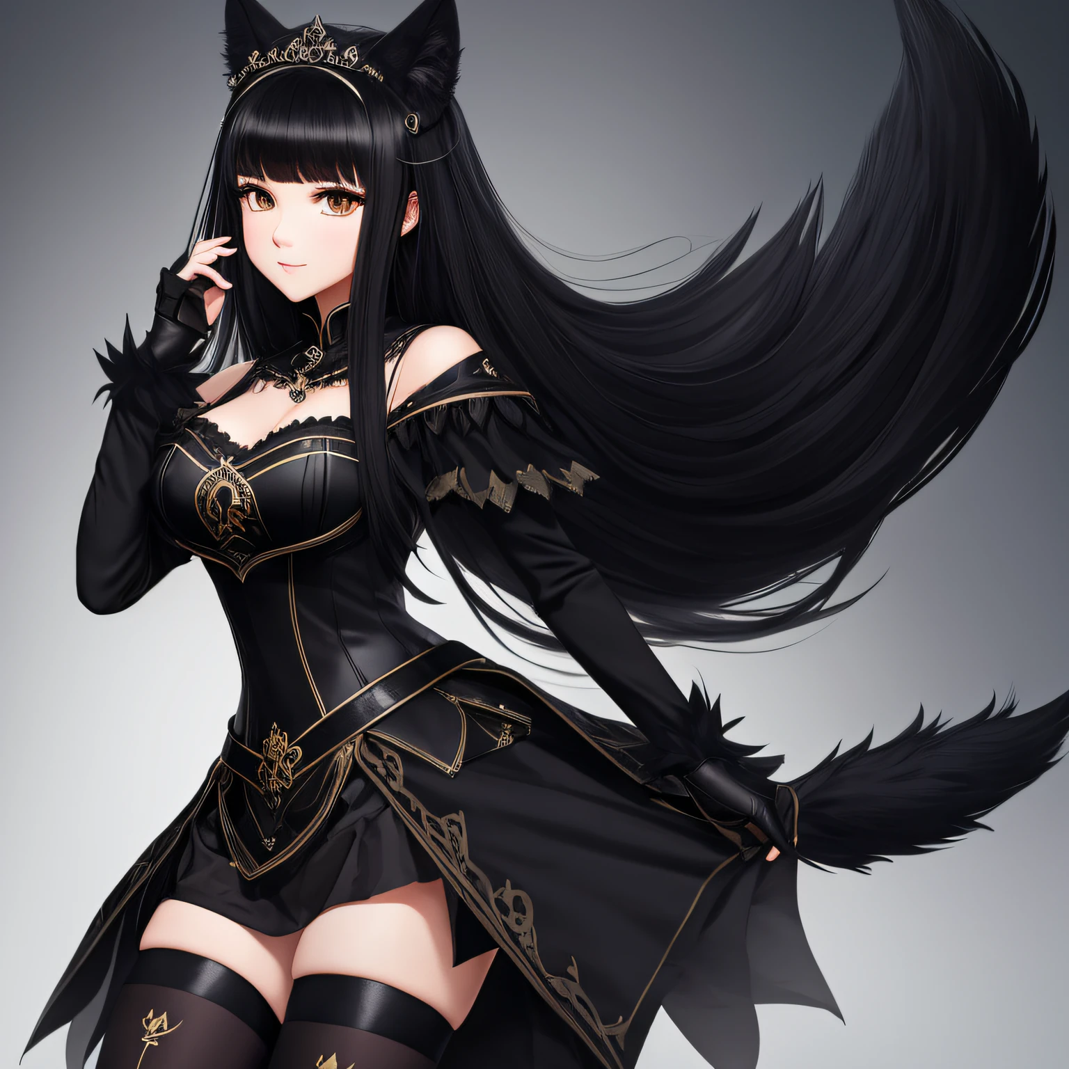 16K resolution,Anthropomorphization of wolves,femele,Black color hair,Black eyes,Black tail,Wear a black princess outfit and black stockings;Court background。 --auto