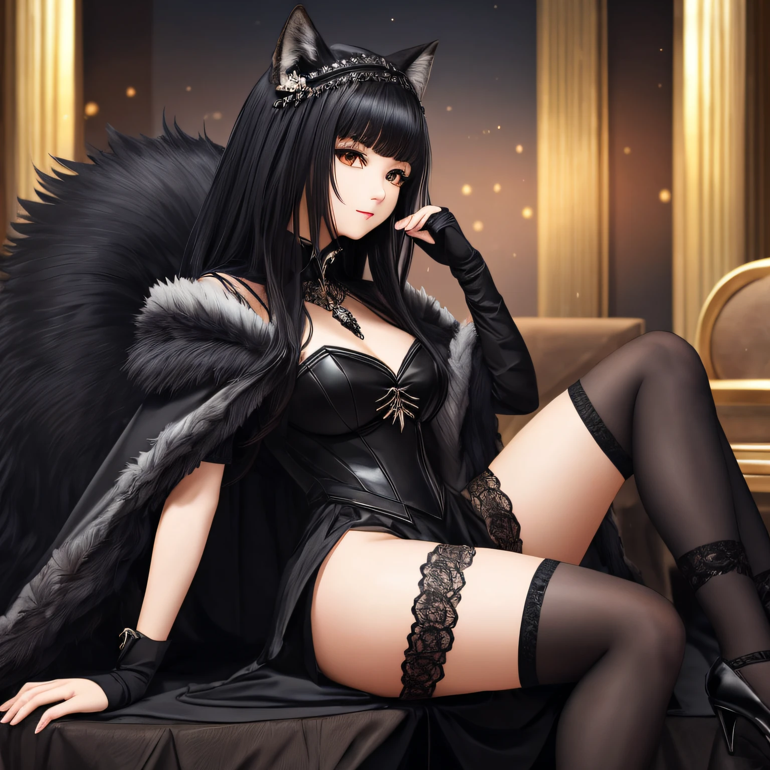 16K resolution,Anthropomorphization of wolves,femele,Black color hair,Black eyes,Black tail,Wear a black princess outfit and black stockings;Court background。 --auto