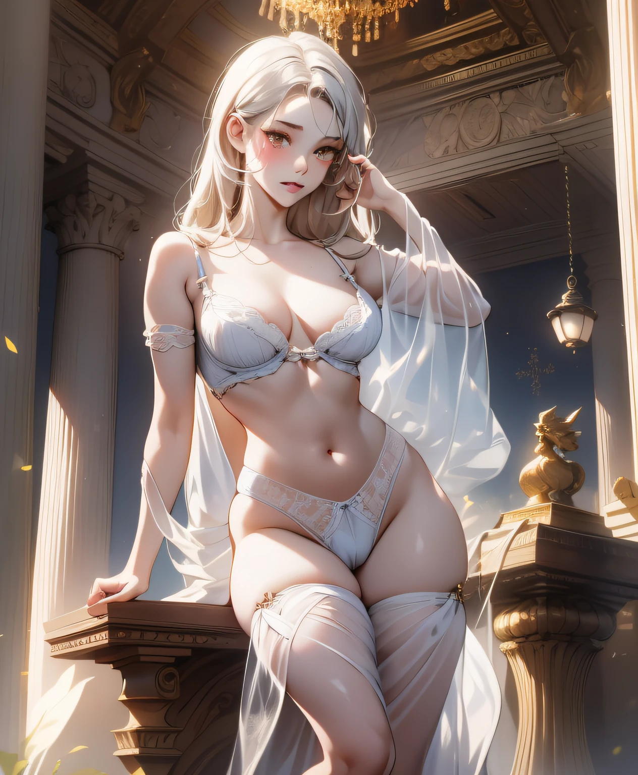 full body, 1 Marble statue of a young girl, front opening, spats (see-through lingerie:1.3), (blushed:1.0), look of contempt,living statue, exposed small breasts, visible pubic hair, view from below, floating antique clock, lamps and lanterns, temple with greek columns, ocean in the distance, dark stormy sky, 1 beautiful caucasian girl carved in marble, fantasy and mystery, fog, 1 beautiful girl in the foreground,golden eyes, golden and silver hair, very long golden and silver hair, crimson lips, marble skin with reflections, statue, sexy pose, provocative pose, full body,Reloj antiguo flotante, Antique lamp, salpicar,pose seductora, Pubic Hair Visible, senos visibles,pearl skin, (naked: 1.4),spotlights, high contrast, masterpiece, highest quality, best image quality, cinematic lighting,
