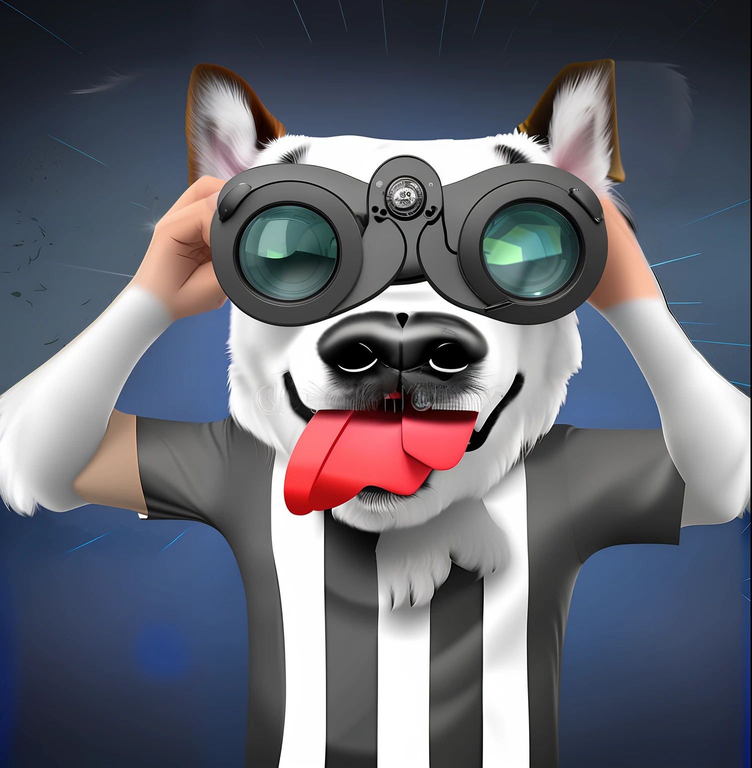 Dog with binoculars on face and tongue sticking out, Vetor Inspirado, Mascote do futebol do Botafogo, camisa com listras pretas e brancas, mascote da equipe esportiva, mascote esportivo, toon rendering, Mascot illustration, toon aesthetic, focinho sob a viseira, anthropomorphic dog , Nariz Reto!!!, 3D 8K