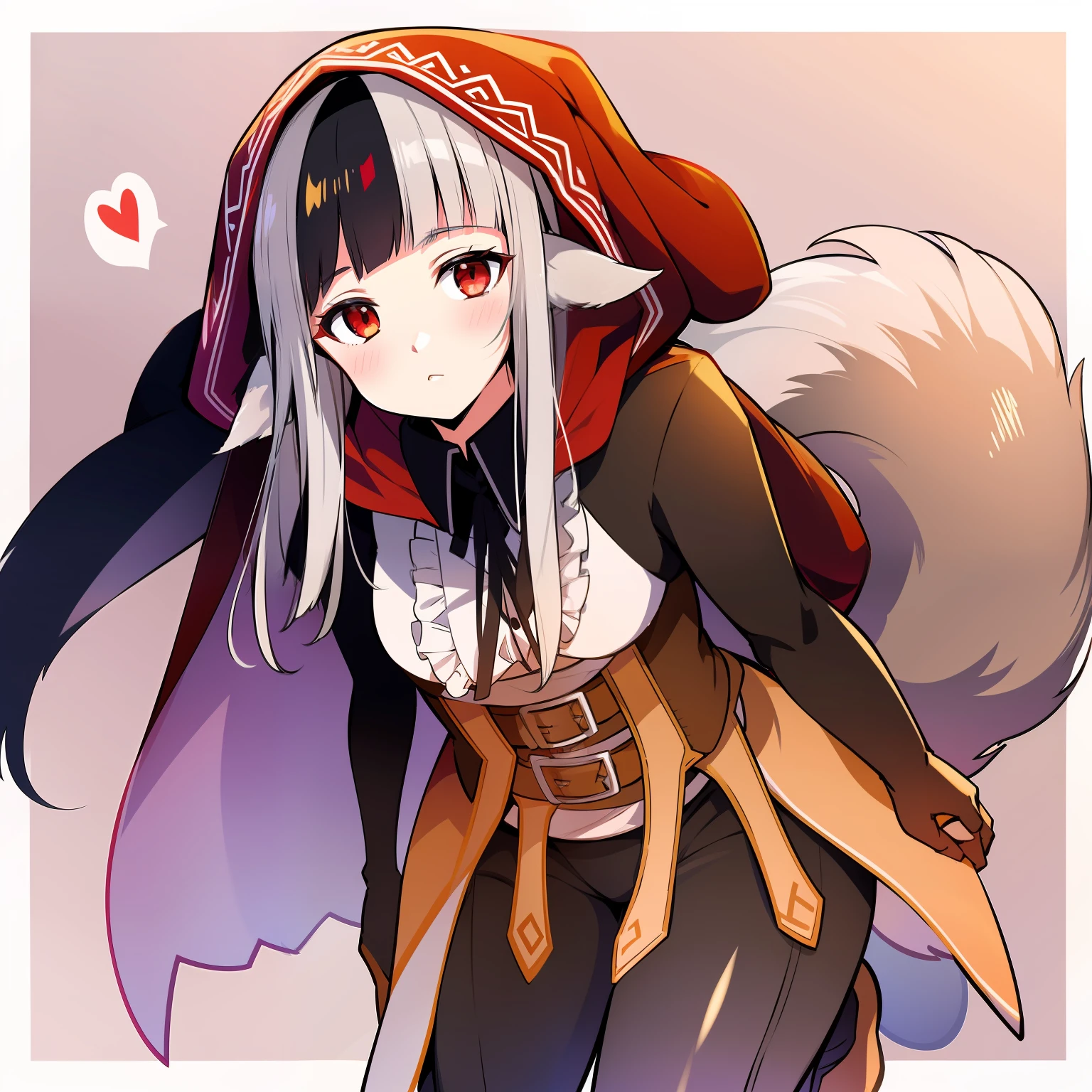 1girl, animal_ears, black_hair, boots, cape, commentary, copyright_name, fire_emblem, fire_emblem_fates, gloves, grey_hair, heart, hood, long_hair, multicolored_hair, red_eyes, solo, starshadowmagician, tail, two-tone_hair, velouria_(fire_emblem), wolf_ears, wolf_tail