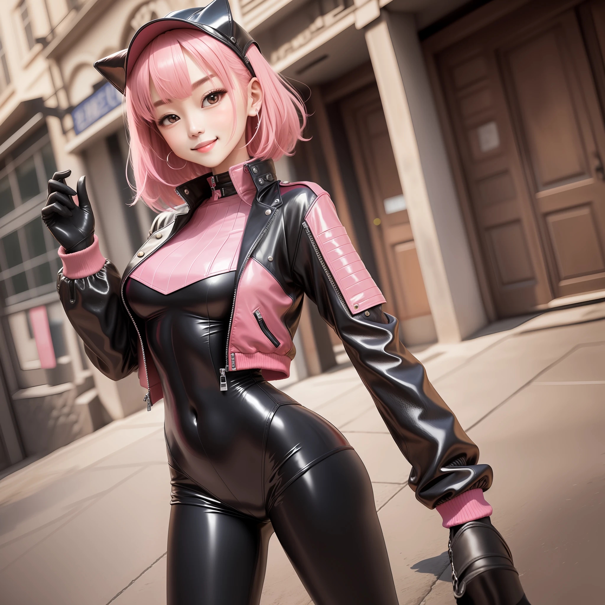 1人、The upper part of the body、lo fashion leather jackets (top-quality:1.4)、(Glossy skin) A smile modeled Excellent style body suit Huge room leather jackets Pink hair