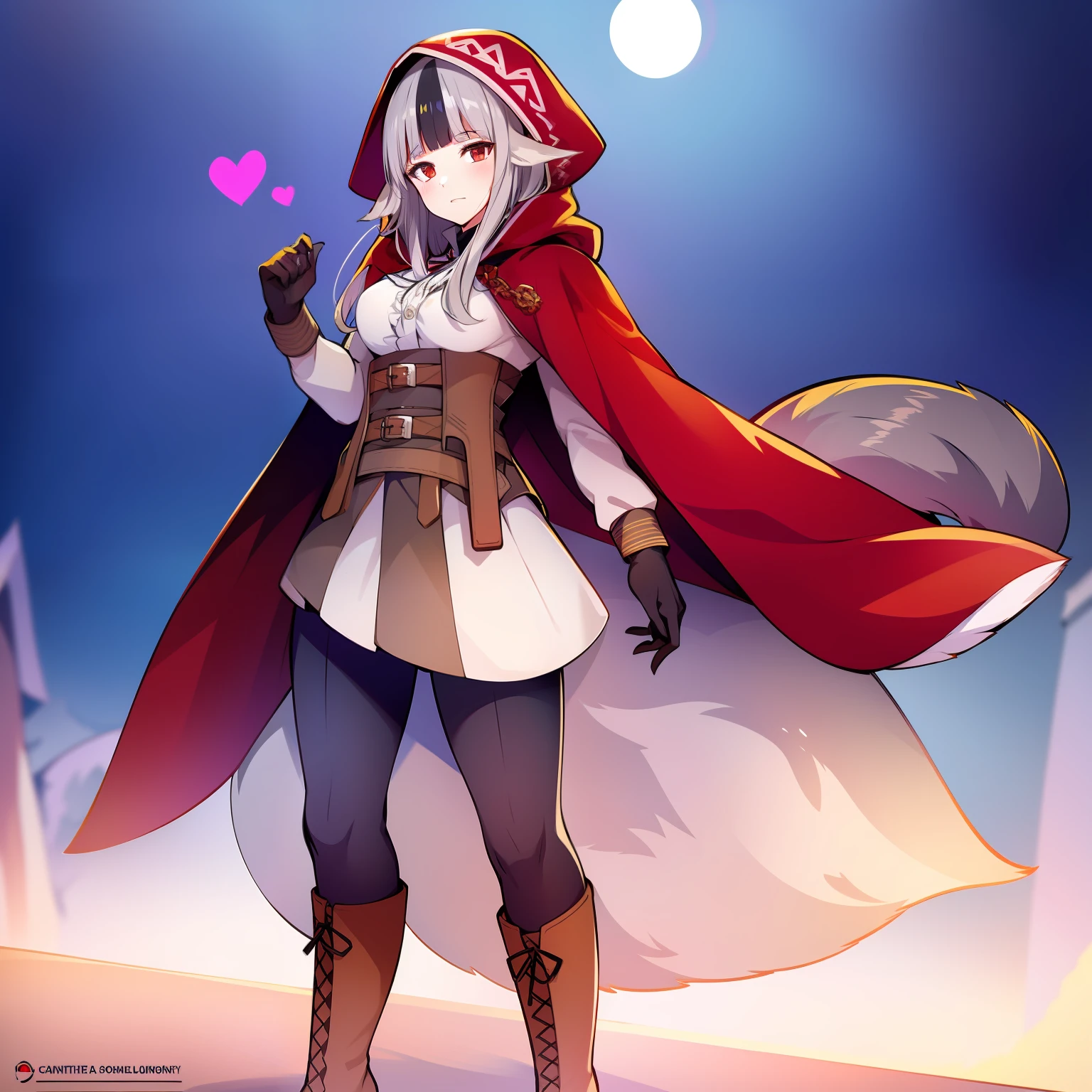 1girl, animal_ears, black_hair, boots, cape, commentary, copyright_name, fire_emblem, fire_emblem_fates, gloves, grey_hair, heart, hood, long_hair, multicolored_hair, red_eyes, solo, starshadowmagician, tail, two-tone_hair, velouria_(fire_emblem), wolf_ears, wolf_tail