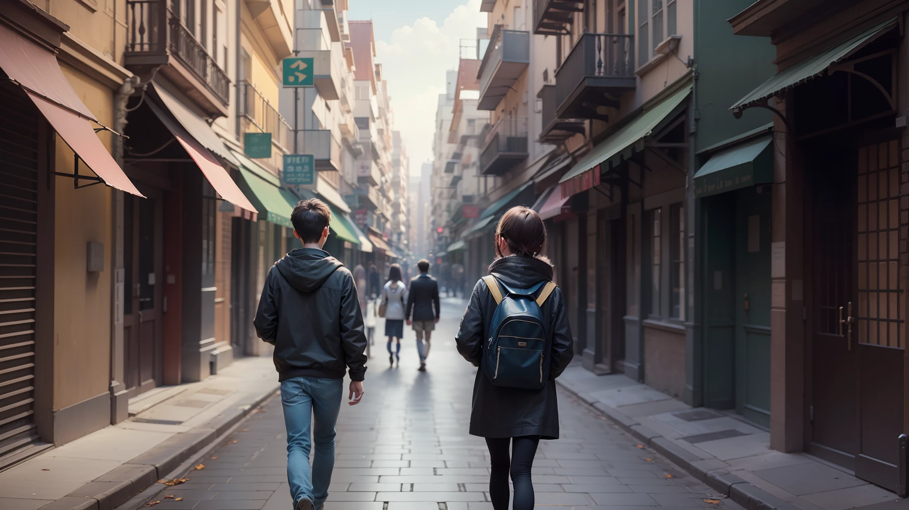 Show a boy and girl walking in opposite direction from each other, both having a sad face, looking down.