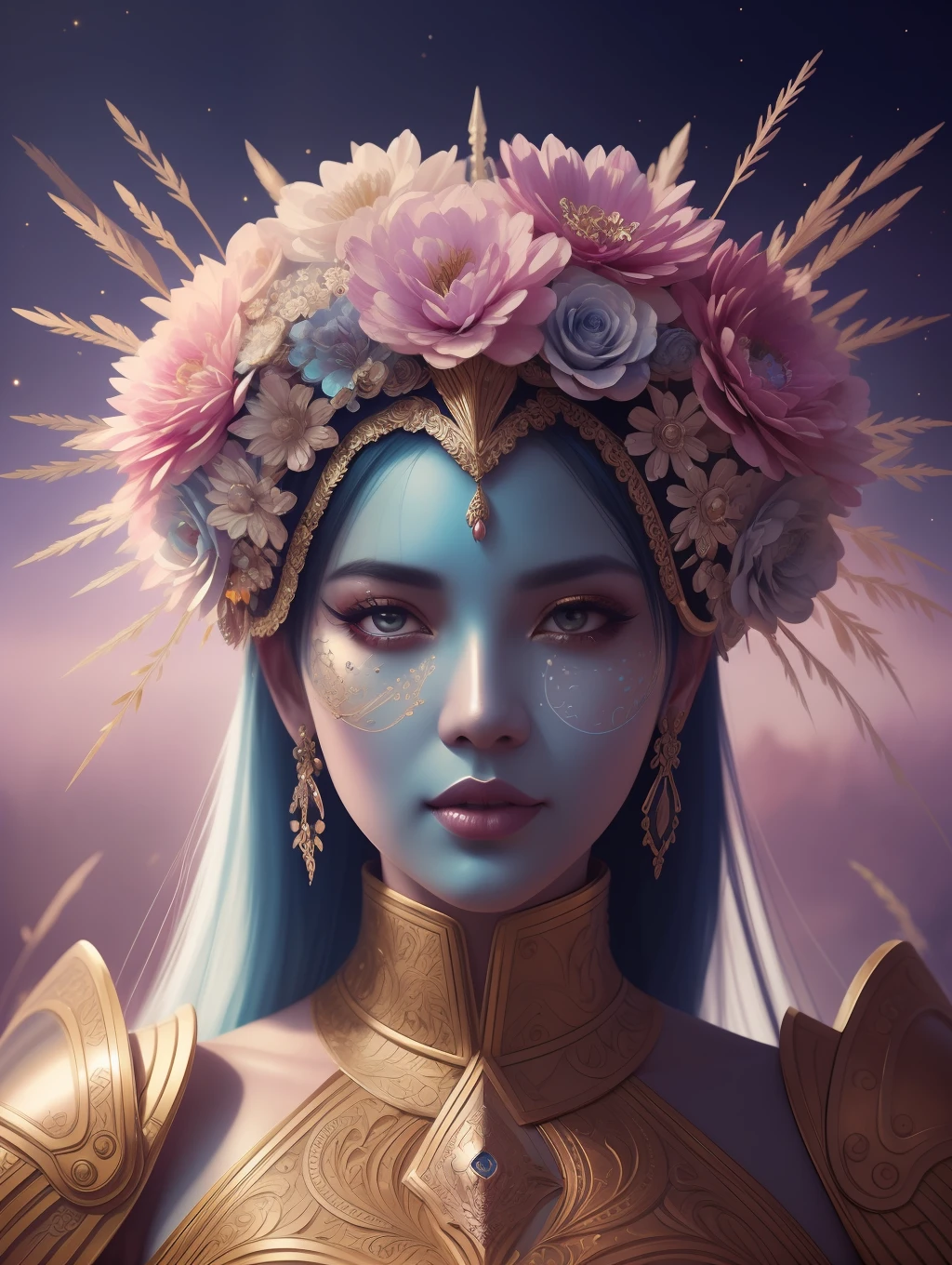 Insanely detailed photograph ofan elaborate insanely beautiful fierce ethereal celestial being wearing shining glowing cool toned vibrant filigree armor with detailed flowers blooming on her clothing intricate face and hyperdetailed painting by Ismail Inceoglu Huang Guangjian and Dan Witz CGSociety Brush Central fantasy art album cover art 4K 64 megapixels 8K resolution HDR, greek, space colours jewelry celestial Copy Prompt Remix