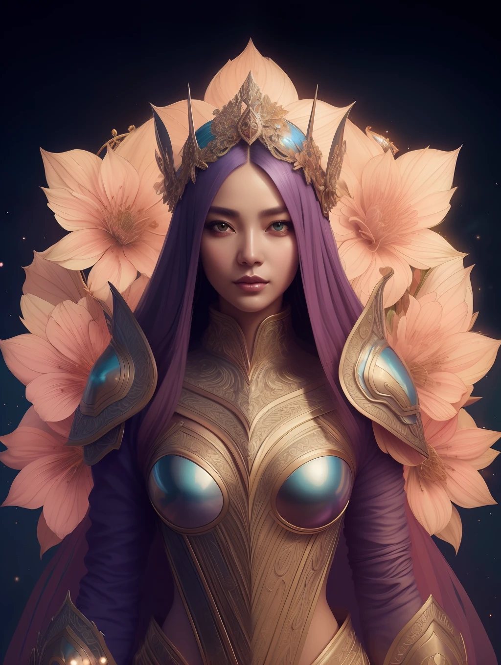 Insanely detailed photograph ofan elaborate insanely beautiful fierce ethereal celestial being wearing shining glowing cool toned vibrant filigree armor with detailed flowers blooming on her clothing intricate face and hyperdetailed painting by Ismail Inceoglu Huang Guangjian and Dan Witz CGSociety Brush Central fantasy art album cover art 4K 64 megapixels 8K resolution HDR, greek, space colours jewelry celestial Copy Prompt Remix