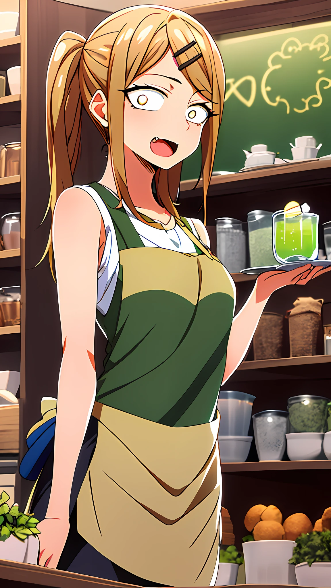 masterpiece, best quality, 1girl, saya, blonde hair, ponytail, hairclip, standing, open mouth, fang, brown eyes, constricted pupils, apron, bubbledrink, holding cup, mojitos