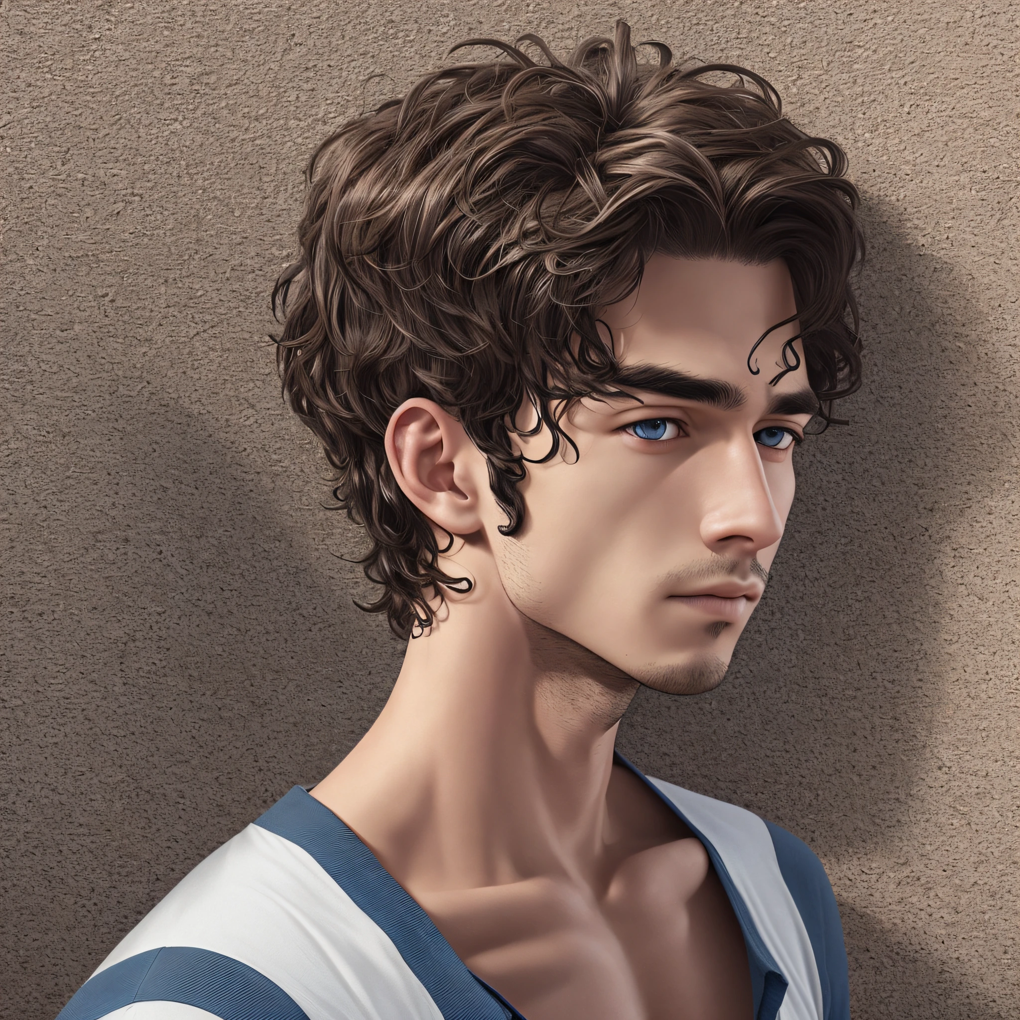 a boy(25yrs) with blue Shirt, hyper detailed face, half body view, hyper realistic, black wavy short hair(choppy) ,hyper photo realistic ,3D highlight --auto --s2