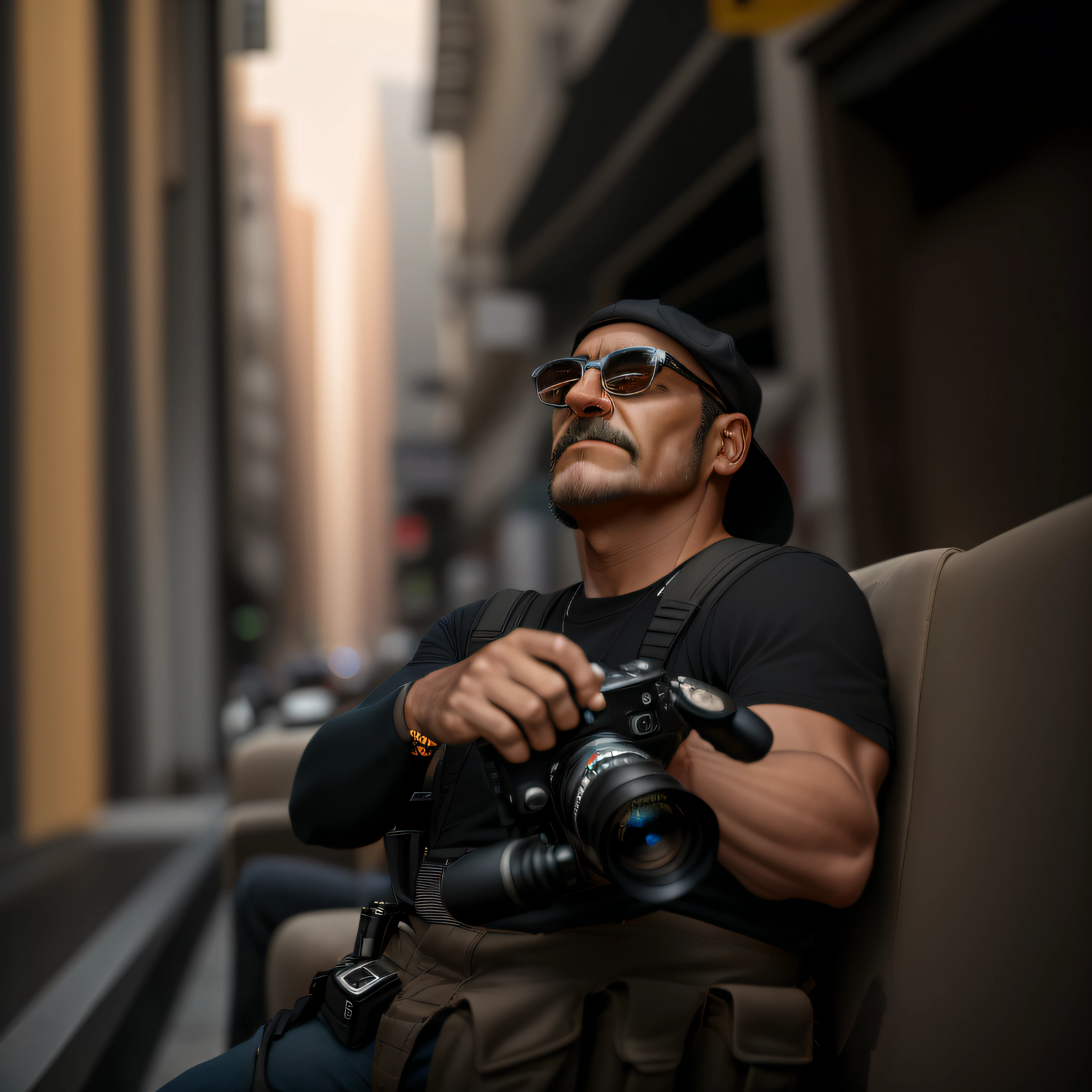 Man sitting on a bench with a camera in his hand, Retrato tirado 8 K, fotografia retrato 4K, retrato da fotografia, dslr 5 0 mm foto retrato, 50 mm lens photo portrait, fotografia retrato 4K, color photograph portrait 4k, cinematic portrayal, high quality action photography, Tiro na Canon EOS R5, Tiro na Canon EOS R 5