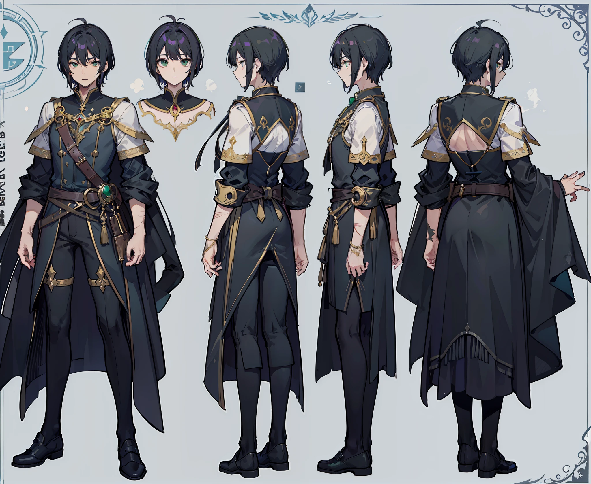 1man, reference sheet, matching outfit, (fantasy character sheet, front, back, left, right) mage, striking emerald eyes gleaming with intelligence. Raven-black hair cascading down shoulders, contrasting with fair skin. Slender build, faint scars from previous encounters. Enchanting aura reflecting wisdom from magical studies. (masterpiece:1.2), (best quality:1.3)