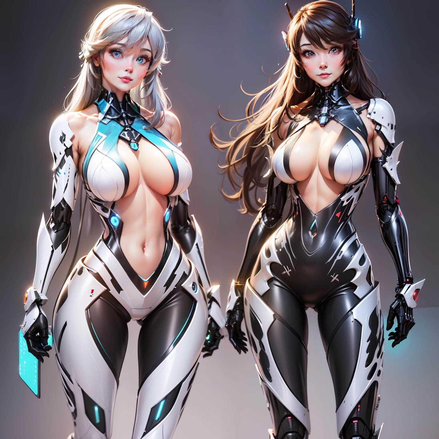 here are two silver a woman, futuristic robot body, female cyborg. high resolution, robotic body, gynoid cyborg body, half robot and half woman, robot body, cybernetic body parts, cybernetic body, cyborg fashion model, diverse cybersuits, ultra detailed female android, retrofuturistic female android