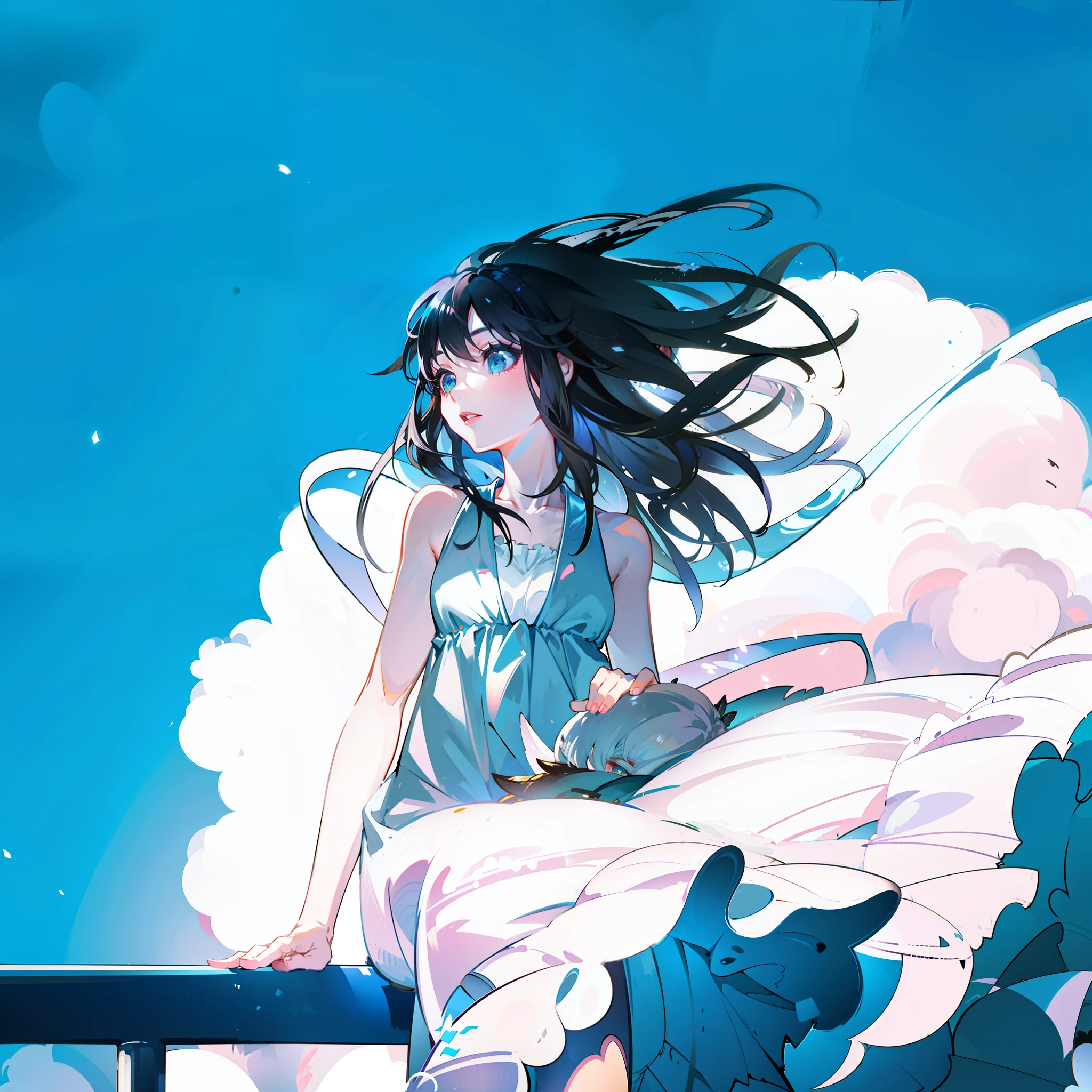 Anime girl sitting on railing，The background is blue sky, Makoto Shinkai Cyril Rolando, ( ( Makoto Shinkai ) ), Makoto Shinkai!!, Makoto Shinkai!, conrad roset and makoto shinkai, in the style of makoto shinkai, makoto shinkai art style, ethereal anime, Shinkai sincerely