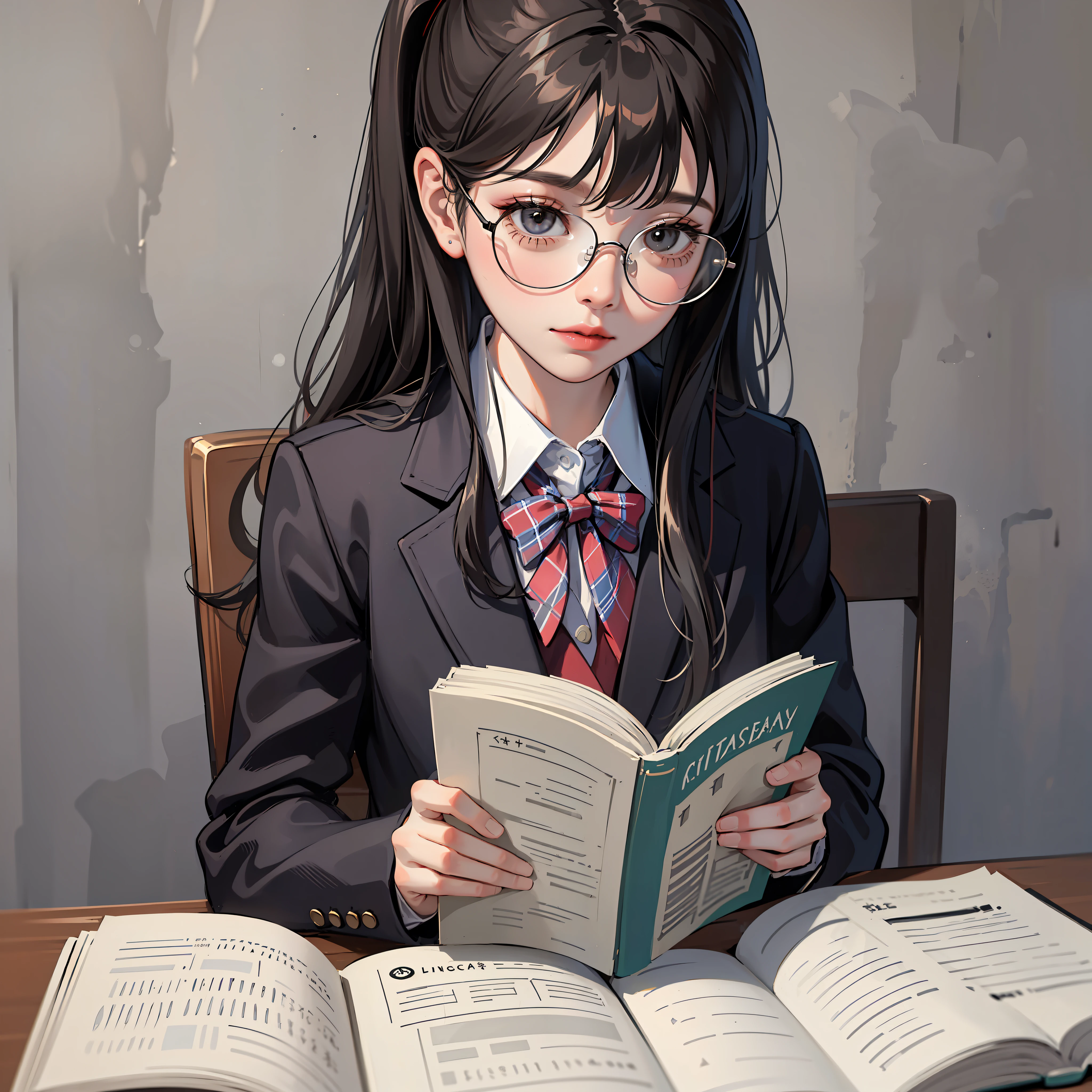 kr-pny, Outrageously long ponytail, Parted bangs, 1girll, school uniform, Dark gray open jacket, Dark gray blazer, Pleated skirt, plaid skirts, circle glasses, Reading a book, Shy and quiet girl, looking at the distance, Extremely detailed hair, intricately details, Masterpiece, Best quality, Upper body, Realistic,