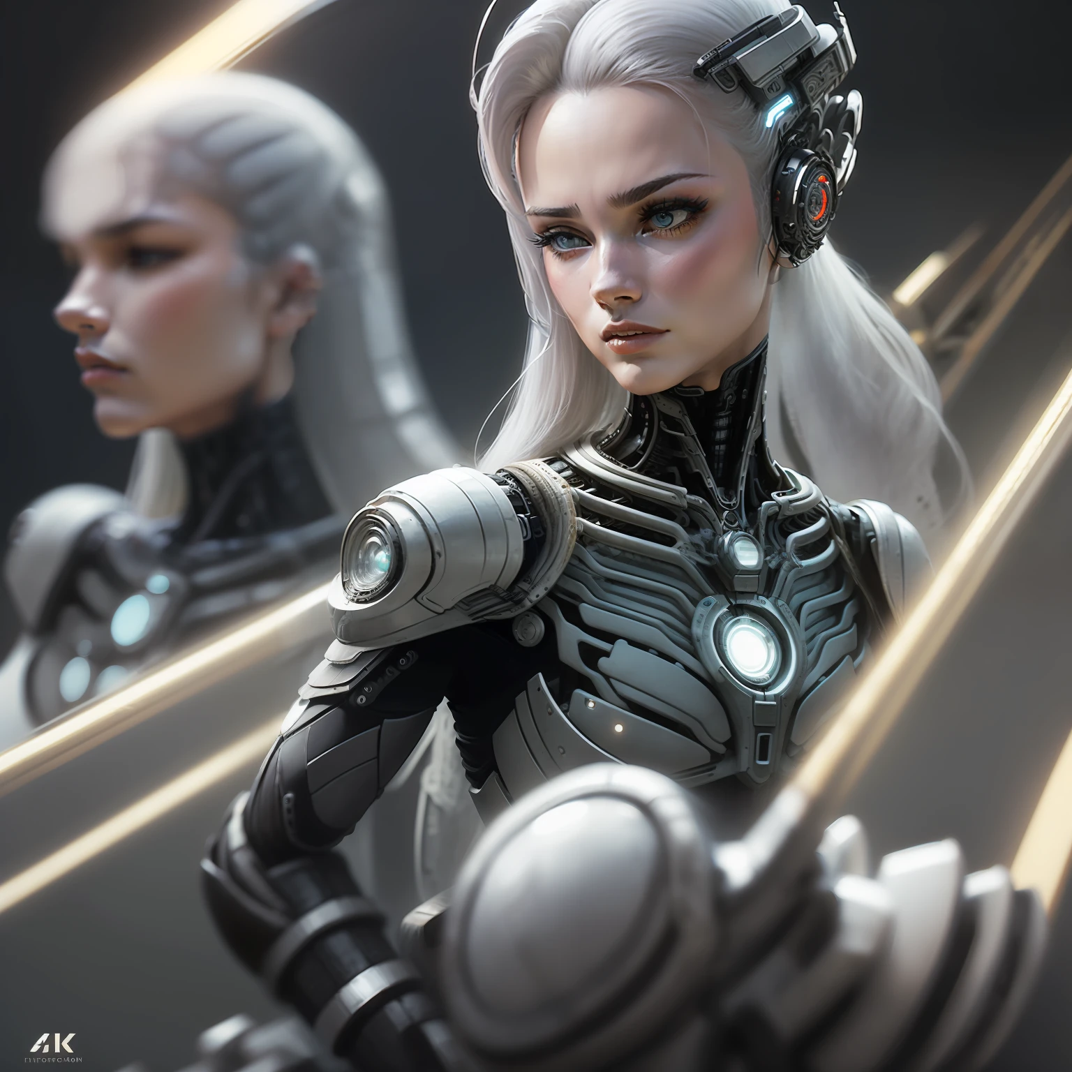 here are two silver a woman, futuristic robot body, female cyborg. high resolution, robotic body, gynoid cyborg body, half robot and half woman, robot body, cybernetic body parts, cybernetic body, cyborg fashion model, diverse cybersuits, ultra detailed female android, retrofuturistic female android