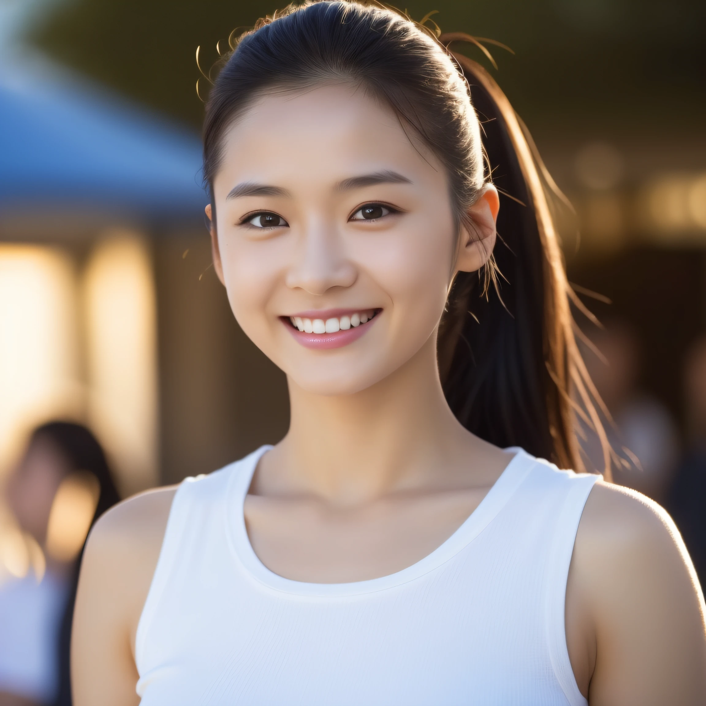 ultra-detailed, 1 girl, Asian, athletic body, realistic skin texture, long hair, loose low ponytail, (breasts:1.0), smile, gaze at viewer, cropped T-shirt, skinny T-shirt, tight tank top, micro mini skirt, movie lighting, face focus, fine eyes, detailed face, well lit face, sunny day, outdoor cafe in background