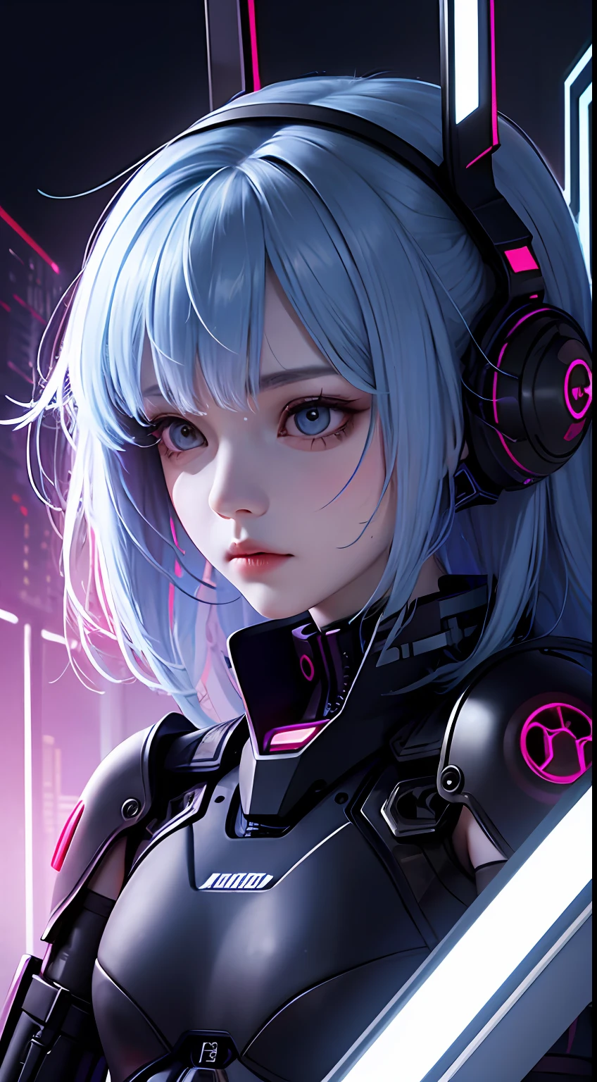 cyber punk perssonage, s girl, Mechanical prosthesis,Sad eyes, jitome, From below, afofuturism,Textured skin, High details