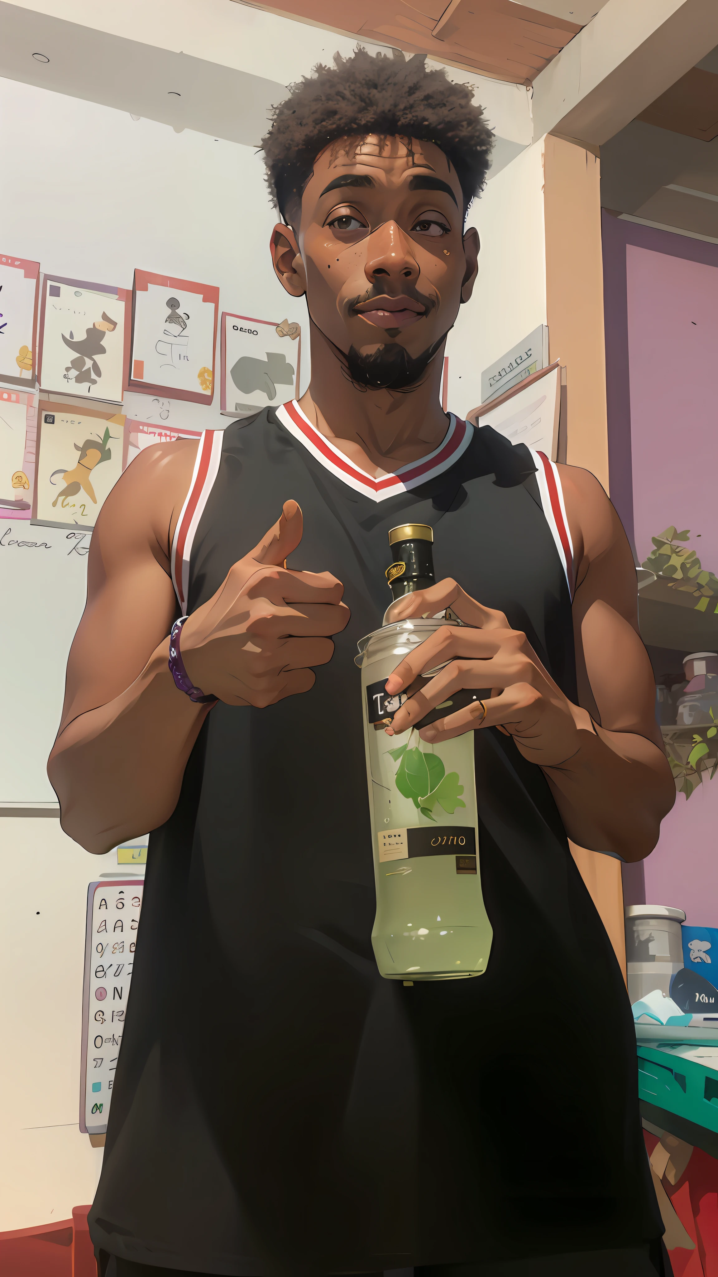 disco Rigido, (Melhor detalhe) (melhor qualidade) homen portanto, cabelo cacheados, portanto, camisa de basquete, Holding Roskoff Lemon Vodka(igual da imagem), Jewel sign with left hand, Feliz, rosto feliz, sorriso inclinado, left hand is with purple bracelet, Purple bracelet on left arm, olhando pro espectador pra frente, eyes perfectly aligned and with normal proportions of the same size, olhos castanhos pretos, Pele escura marrom, os dedos dele segurando a garrafa extremamente detalhados igual de uma pessoa