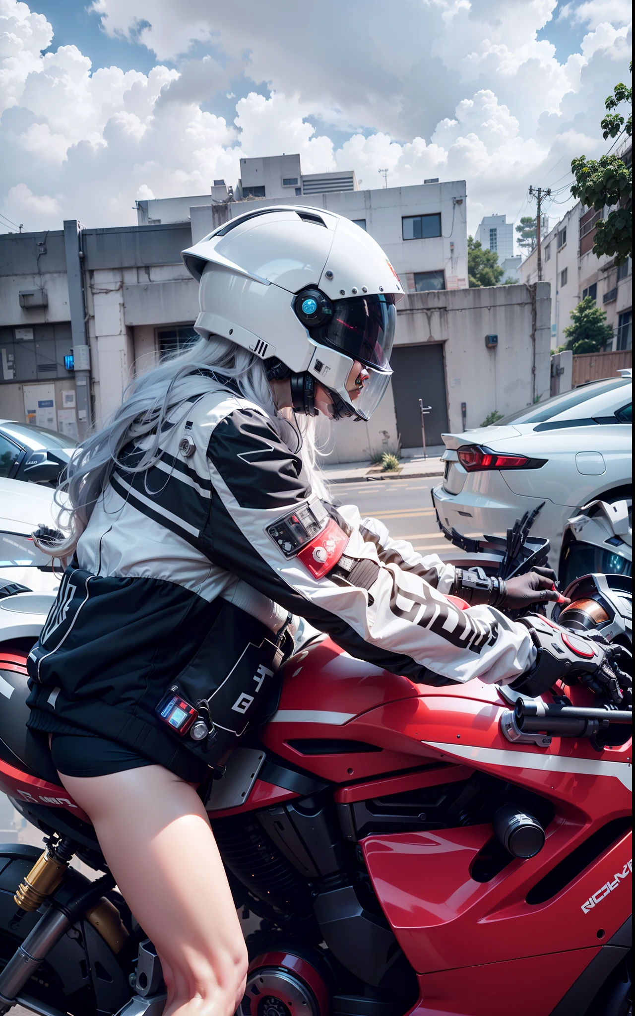 Cute cyberpunk warrior woman,long white hair,Black mech costume,Sophisticated black tech helmet,Nousr, Biomechanicals, MSHN Robot Man,High-tech helmet,hyper realisitc, Steel, Complex design, insanely details, finely detailled, Extremely clear lines, cinmatic lighting, photograph realistic, A detailed masterpiece