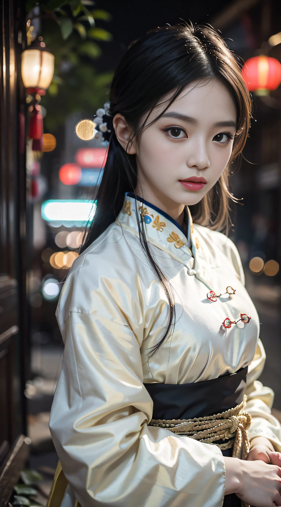 Chinese beautiful woman，adolable，temperament，ellegance，Wearing white Chinese Hanfu，Antique，Scene in ancient China，Setting: night in a small alley，16k，Highest image quality，Beautiful facial features，light make-up，Sense of oppression，Dignified and elegant，Perfect hand bones