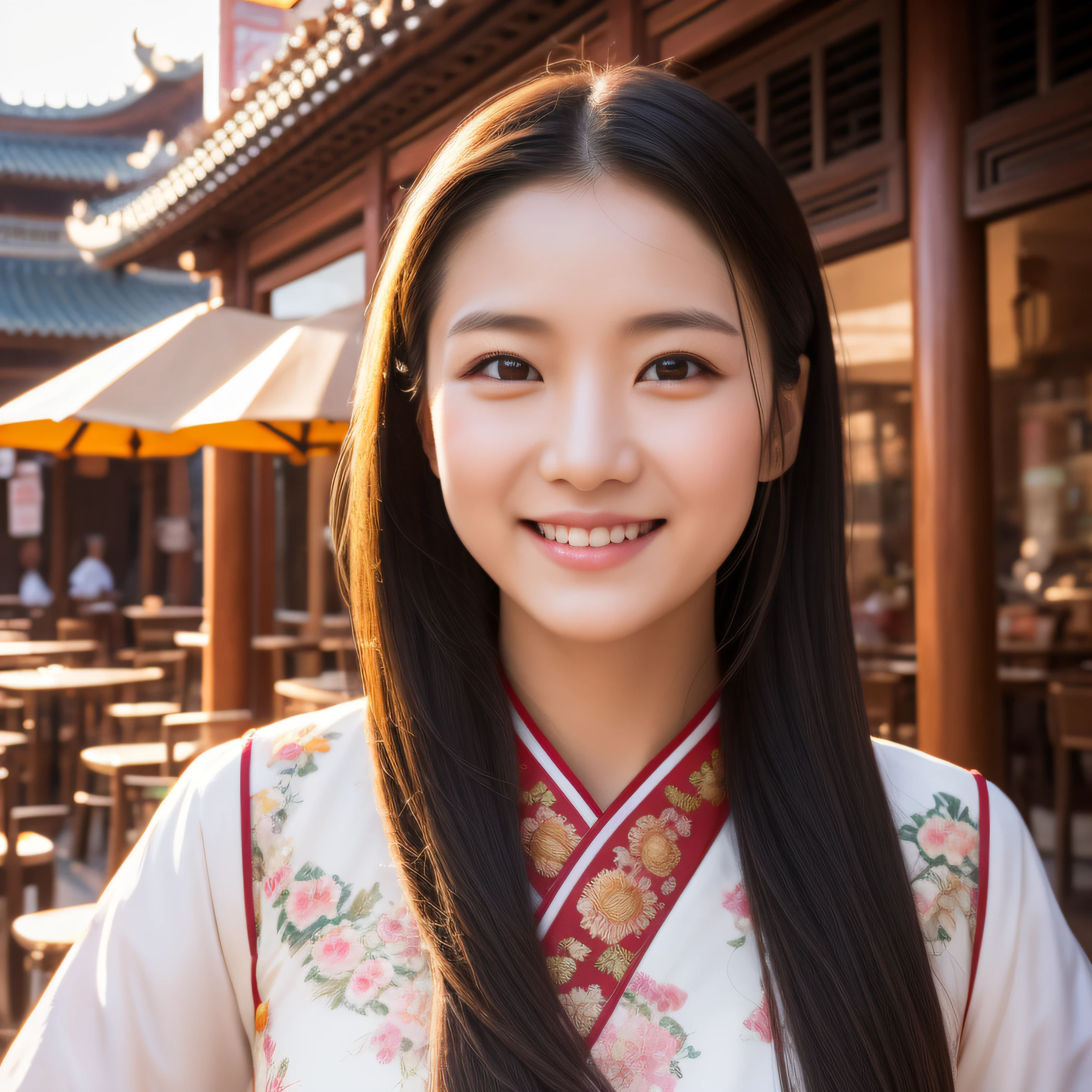 ultra-detailed, 1 girl, Asian, athletic body, realistic skin texture, long hair, (breasts:1.0), smile, gaze at viewer, traditional Chinese clothing, movie lighting, face focus, fine eyes, detailed face, well lit face, sunny day, outdoor cafe in background