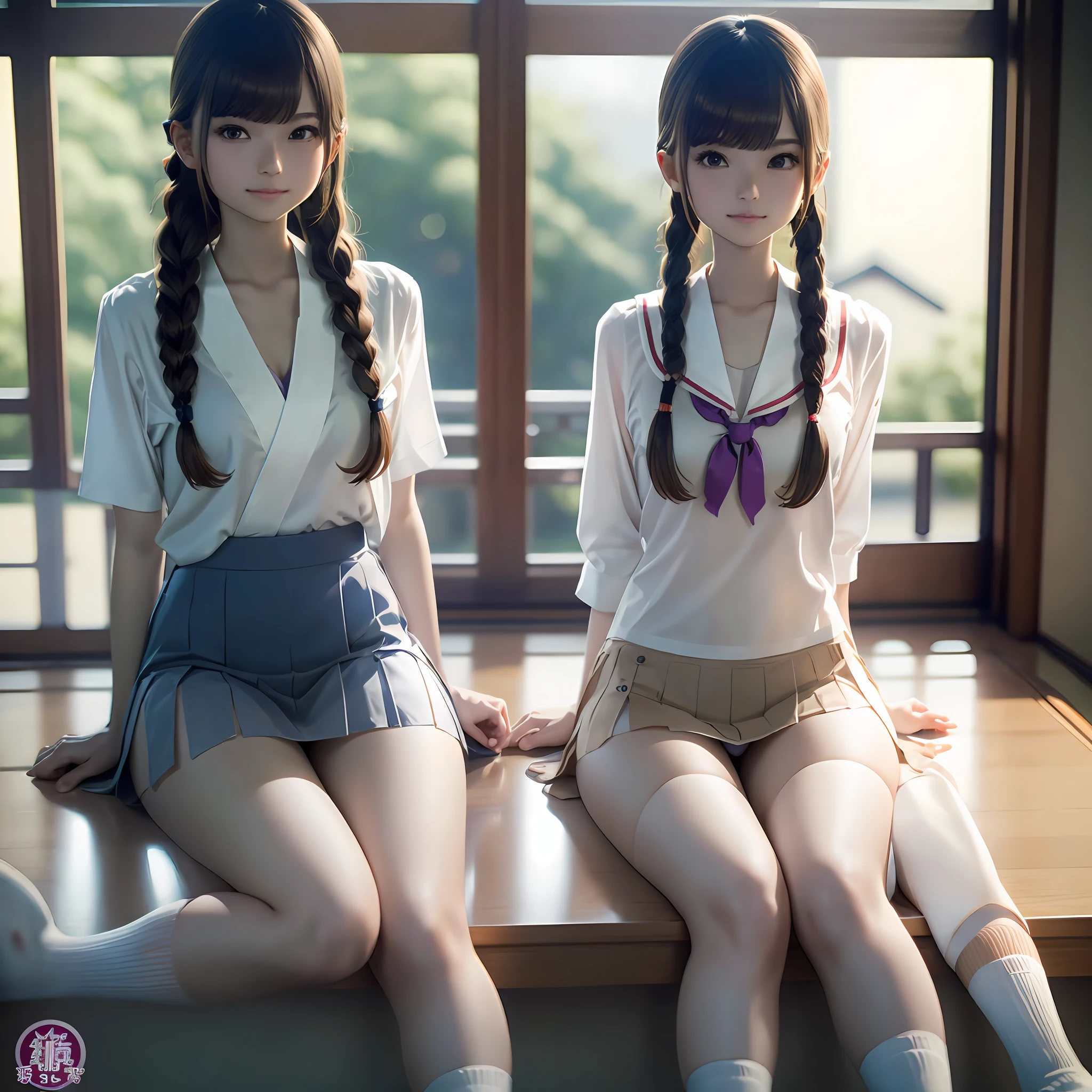 ((top-quality,8K,tmasterpiece:1.3)),1人,Slender and tight abs,Beautiful Japanese schoolgirl:1.3,Full body type,Japanese uniform,Full open shirt,Skin shirts,Dark blue folds,Super-miniskirt,Show panties,(Smooth long braids,pale brown hair,The large,),no brassiere,ssee-through,Super delicate face,Elaborate Eyes,二重まぶた,ssmile,in a school,sitting down,showing panties, squatt,White socks,Do not cover panties with your hands --auto