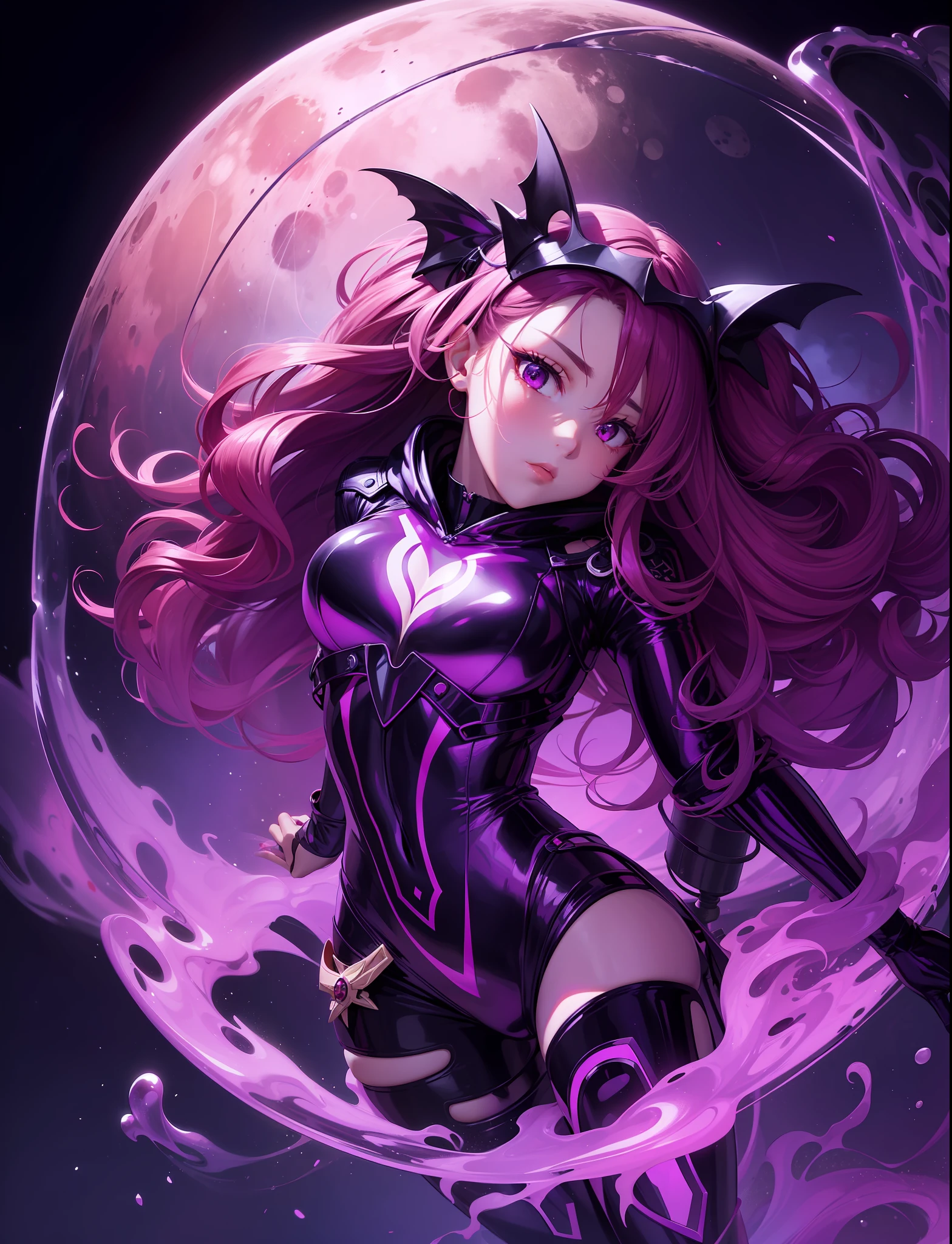 A beautiful girl floating in space. she has a birdcage She wears a cyber bodysuit and a purple hoodie. She has semi-long, wavy red-purple hair. her eyes glow red.She is obscure and mysterious in her own feelings and her intentions. A red mist surrounds her, and many people's faces are emerging in the mist. A big red moon behind her. The incense burner is floating. A red puddle at her feet.