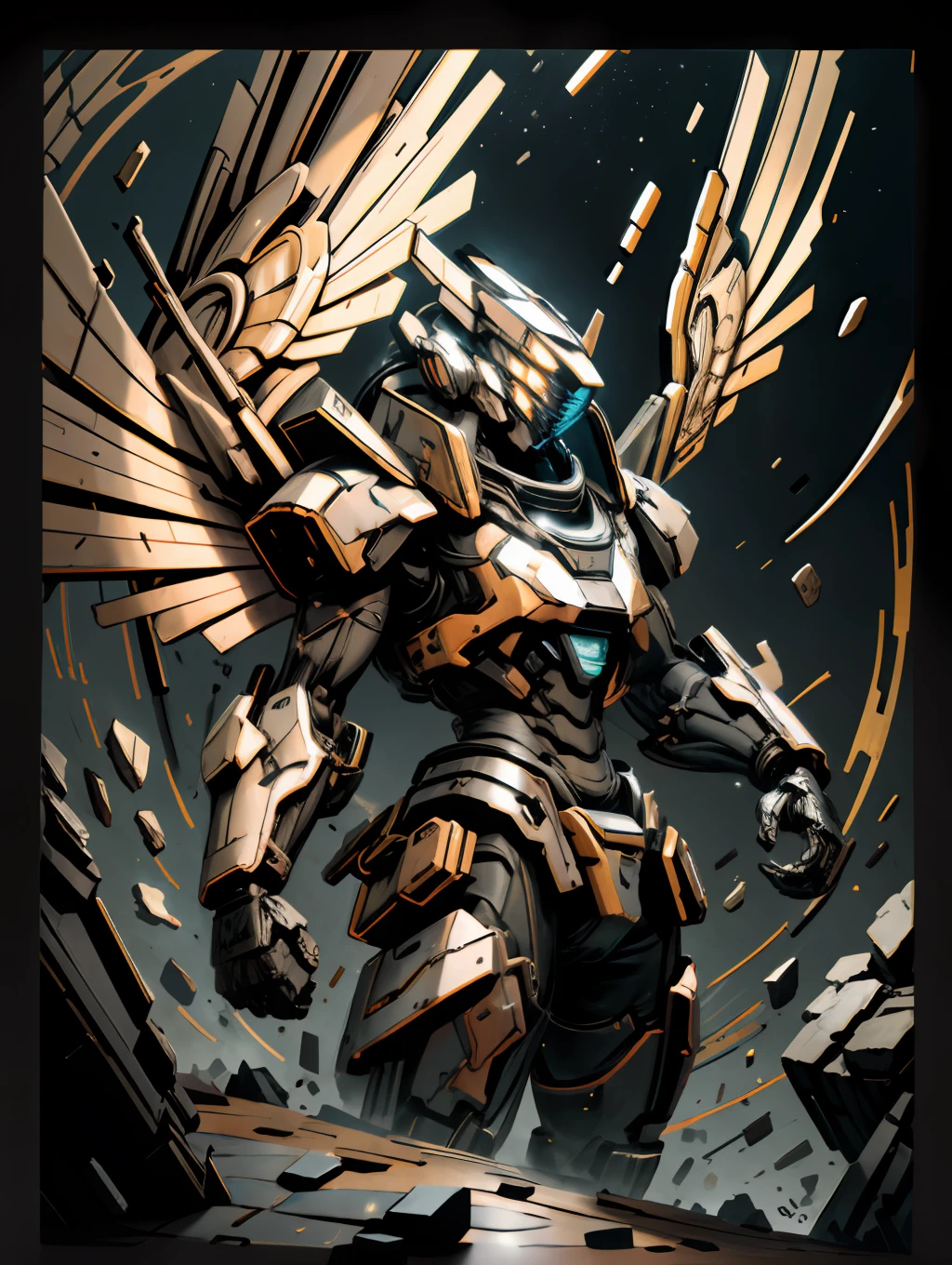 ((Best quality)), ((Masterpiece)), (Highly detailed:1.4) ,hdr (HighDynamicRange),Ray tracing,V0id3nergy,Mecha,Cool style，Mecha Angel，It has many pairs of wings on its back，Like wings，The whole body is black and gold light，Shines，Suspended above the ground,NVIDIA RTX,Hyper-Resolution,Unreal 5,Subsurface scattering,PBR Texture,Post-processing,Anisotropic filtering,depth of fields,Maximum clarity and sharpness,Multi-layered textures,Albedo and specular maps,Surface Coloring,Accurate simulation of light-material interaction,Perfect proportions,rendering by octane,Two-tone lighting,Wide aperture,Low ISO,White balance,Rule of thirds,8K raw data, (Full body photo)，（Dangling），Keep your feet off the ground，The background is a night sky full of lightning and lightning，Glows gold，horizon,Quadruped machinery,robot, No Man, Mecha，Angel appearance，Look down at the ground，realisticlying，Photorealistic photos，(There are shooting stars streaked in the background，Meteorite fragments),There is a staff in his hand，Made of metal