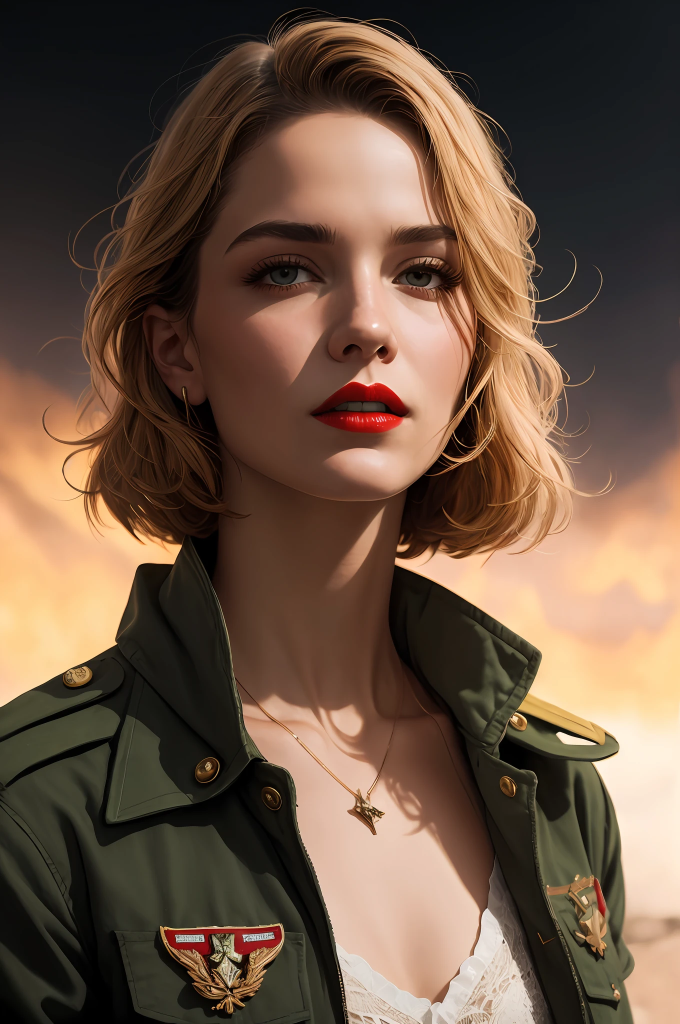 Close-up, neve, uma supermodelo muito bonita, blonde, com quadris muito largos e cintura estreita, full lips, cintura pequena e quadris grandes, Red lipstick, com uniforme militar branco, montanhas, foco nítido, Studio photo, detalhes intrincados, altamente detalhado, profundidade de campo, foco nítido, High detail, textura de pele realista, Realistic, fotorrealista, arte digital, pintura fosca, Directed by: Greg Rutkowski