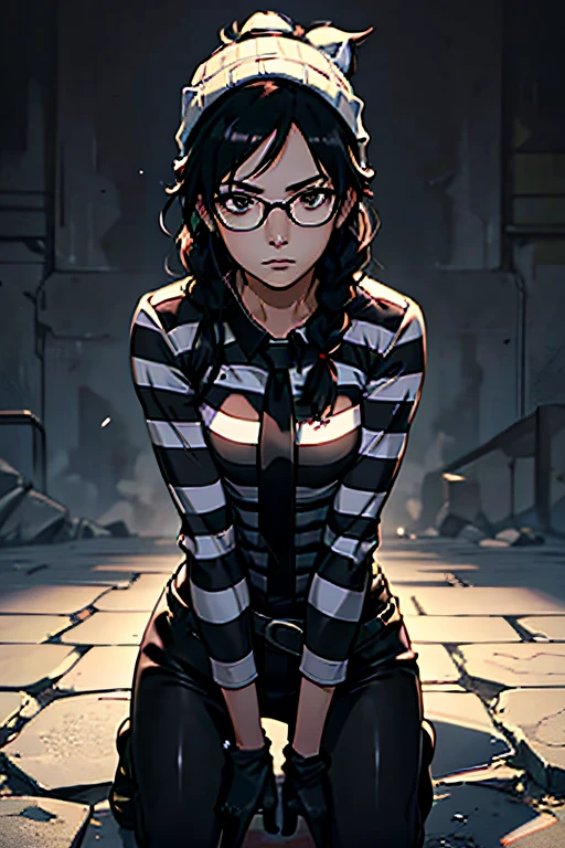 Masterpiece, High quality CG, Anime, illustration, Best quality, 1girll, bound legs，kneels on the ground, Tie arms, Beautiful face, Detailed face, Cowboy shot, dokkaebi, 1girll, Solo, view the viewer,  Black hair, Braid, Glasses, Black gloves, belt, Pants, Black eyes, Double up braid, Striped hair, Black tiara, tightsuit, Black pants, circle glasses, Black bodysuit, Beanie, hair behind ear,