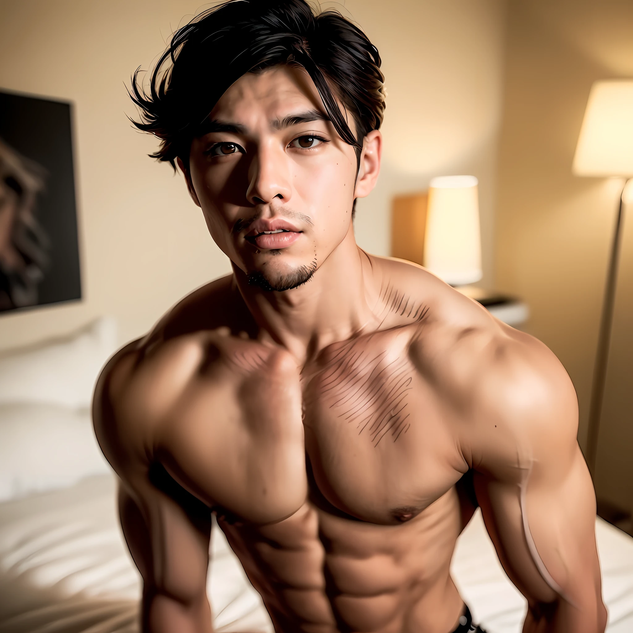 a portrait of a young man，Very handsome and attractive male Japanese model，musculous，on top of the bed，Short wind hair，Hairy tattooed body，，closeup cleavage，Bare genitalia