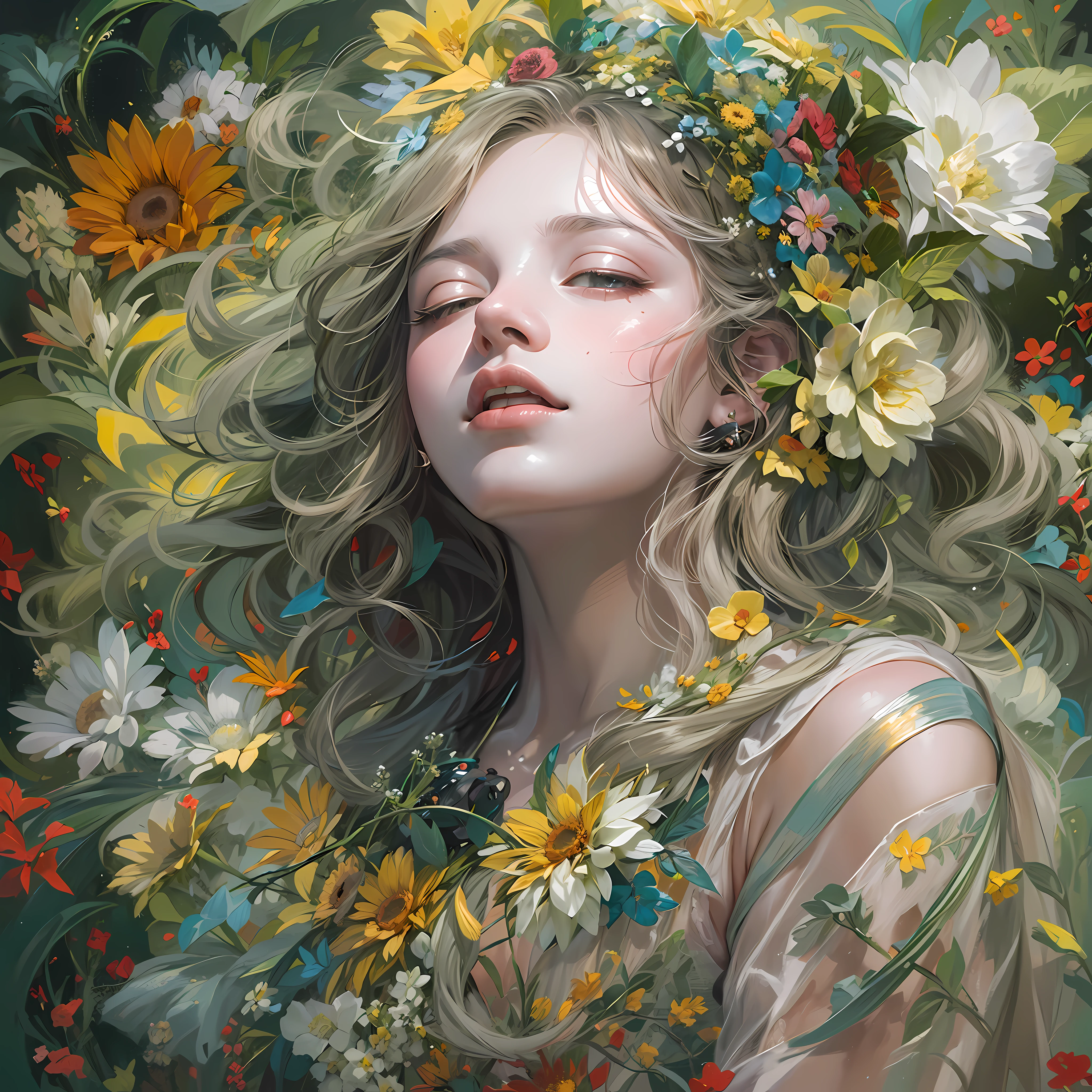 florals，offcial art，Unified 8K wallpapers，ultra - detailed，Beauty and aesthetics，tmasterpiece，best qualtiy，（zentangle，datura，Tangles，entangled），（s fractal art：1.3），The is very detailed，cow boy shot，The most beautiful form of chaos，elegant，Fauvist design，vivd colour，romanticism lain，James Jean，Robbie Devi Antono，ross tran，Francis Bacon，Michal Mraz，adrian ghenie，petra cortright，Gerhard Richter，Takato Yamamoto，Ashley Wood，Atmospheric，A note of ecstasy，streaming musical notes visible，no clothes are worn，Bouguereau，John William Goldward