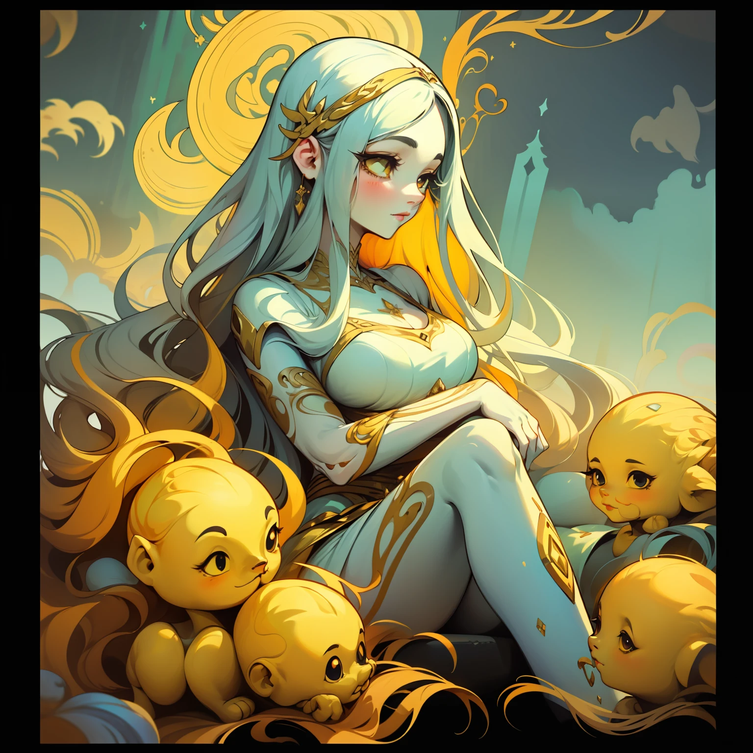 adesivo,1girl, fundo simples, retrato, girl with long hair, beautiful goddess girl, goddess aesthetic, beautiful girl, very beautiful fantasy art, beautiful and elegant female goddess, beautiful detailed fantasy, yellow and white color palate, yellow color-theme