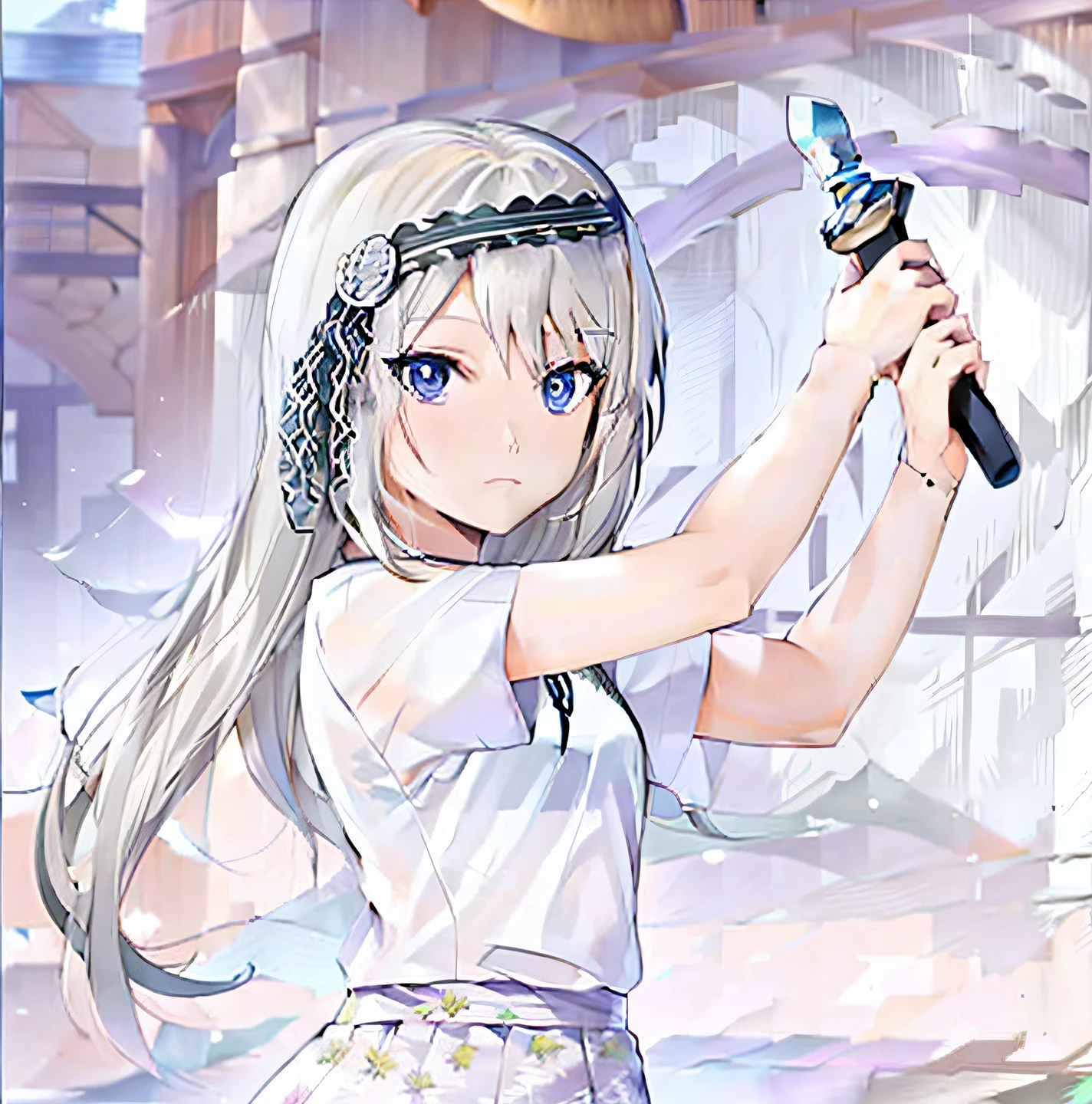 Anime girl holding a one-handed sword in her hand in front of a building, Anime style. 8K, Stylized anime, anime fencer, made with anime painter studio, anime visual of a cute girl, anime styled digital art, Anime Stylization, anime moe art style, style of anime4 K, shirabii, Smooth anime CG art, Official artwork