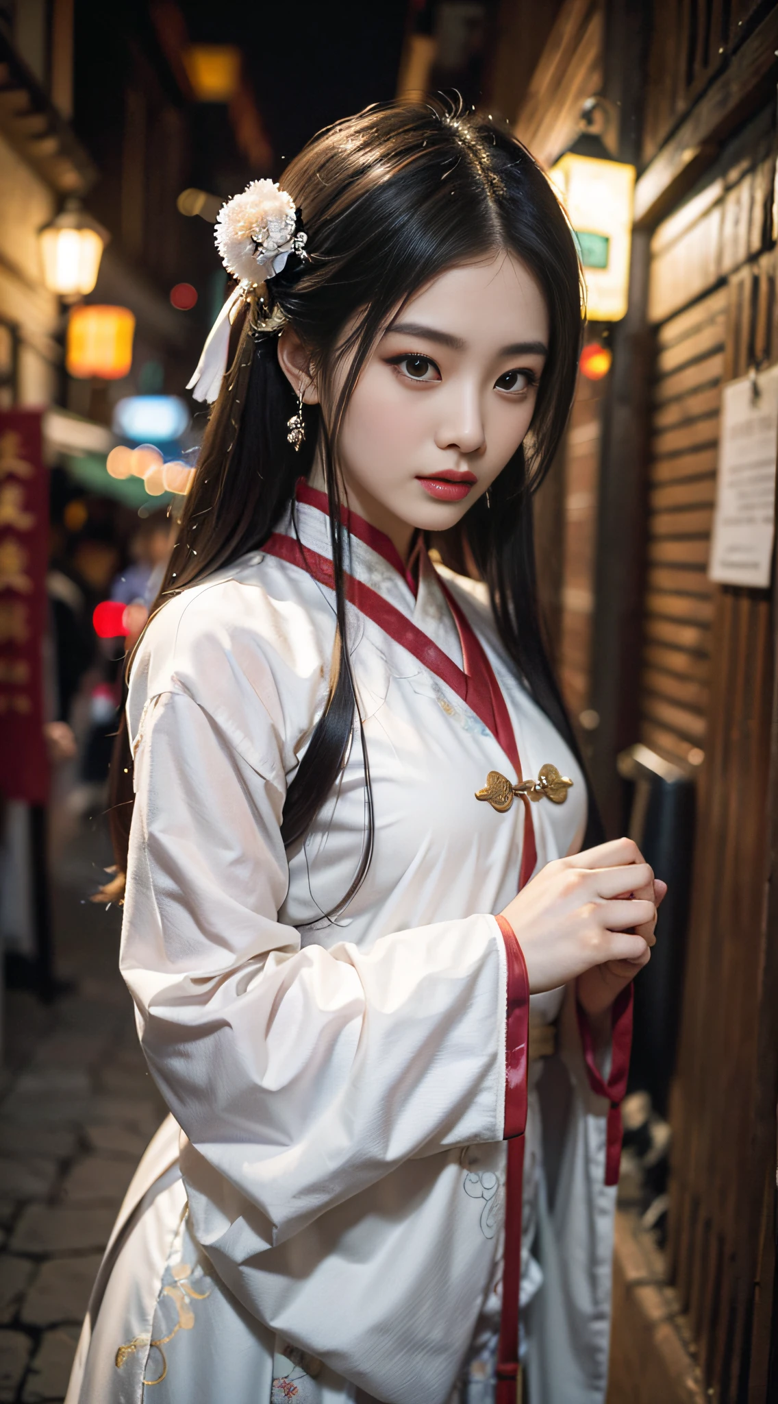 Chinese beautiful woman，adolable，temperament，ellegance，Wearing white Chinese Hanfu，Antique，Scene in ancient China，Setting: night in a small alley，16k，Highest image quality，Beautiful facial features，light make-up，Sense of oppression，Dignified and elegant，Perfect hand bones