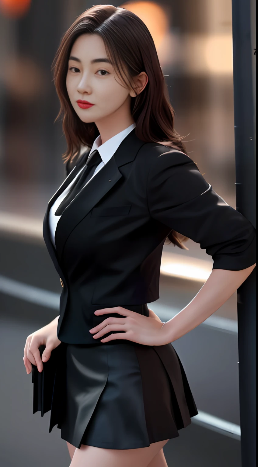 best quality, masterpiece, 1girl, Beautiful face, (photo realistic:1.3), rim lighting, (high detailed skin:1.2), 8k uhd, dslr, high quality, high resolution, 4k, 8k, Bokeh, absurdres, best ratio four finger and one thumb, (realistic:1.3), cute 1girl, wearing black formal blazer, medium breasts, short skirt,