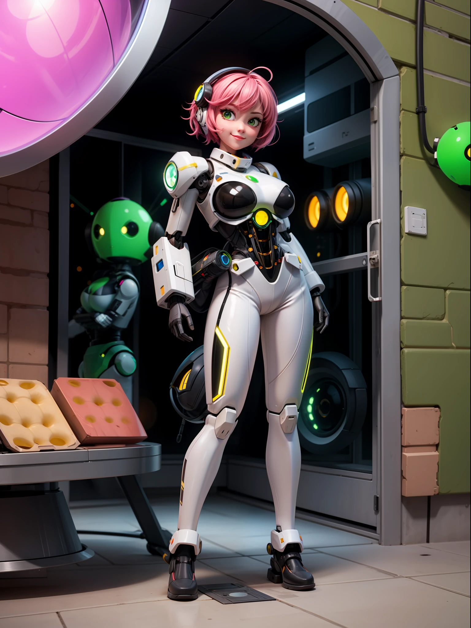 {((1woman))}, only she is {((wearing white mechanical suit with extremely tight and transparent black mechanical parts on her body)), she has ((extremely big breasts)), only she has ((very pink hair short, green eyes)), ((erotic pose)), only she is smiling and staring at the viewer, ((in a spaceship near the sun, window, teleport, robots in the background, equipment, machines on the walls))}, ((full body):1.5), 16k, best quality, best resolution, best sharpness