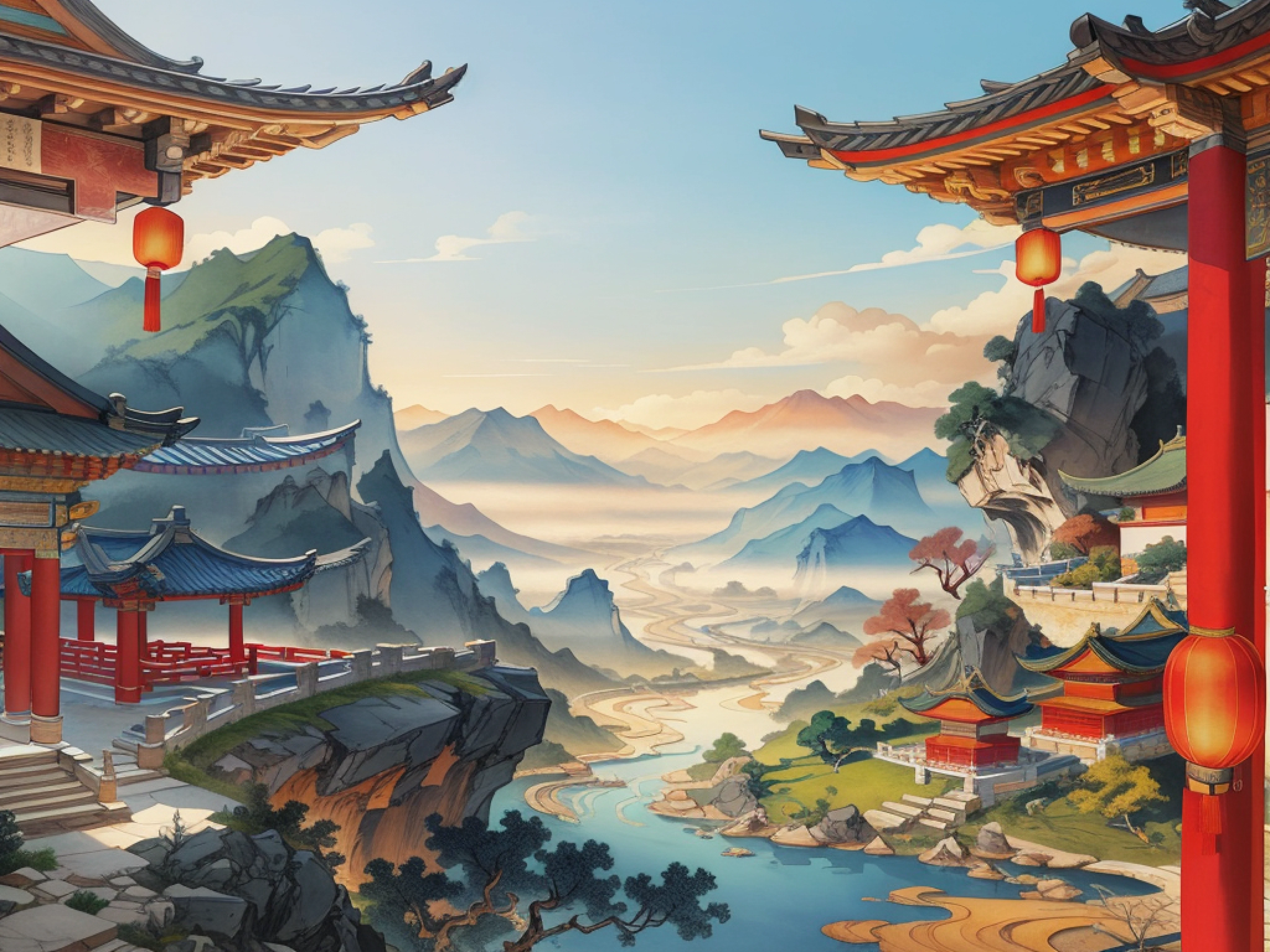 Ancient Chinese landscapes, ancient buildings, pavilions, carved beams and painted buildings, beautiful mountains and rivers, inspired by Jin Yong martial arts, sunlight, ink painting style, clean colors, decisive cutting, blank space, freehand, masterpiece, super detailed, epic composition, high quality , highest quality, pixar style, oversaturated, surreal, artgerm --v 6