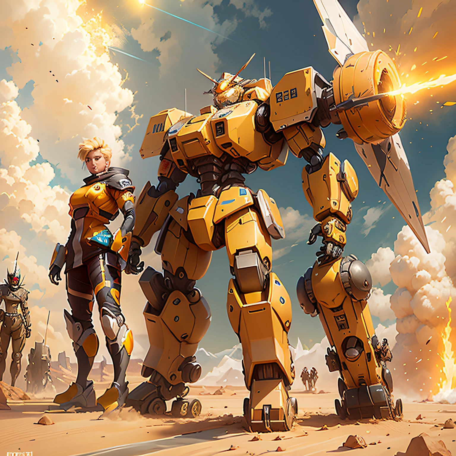 The Arafed robot stands in front of a group of people in the desert, mecha anime, wojtek fus, mecha art, soldiers and mech fight, battlemech, Alexander Ferra Mecha, modern mecha anime, Yellow mech, anime large mecha robot, cool mecha style, Mecha, Mecha suit