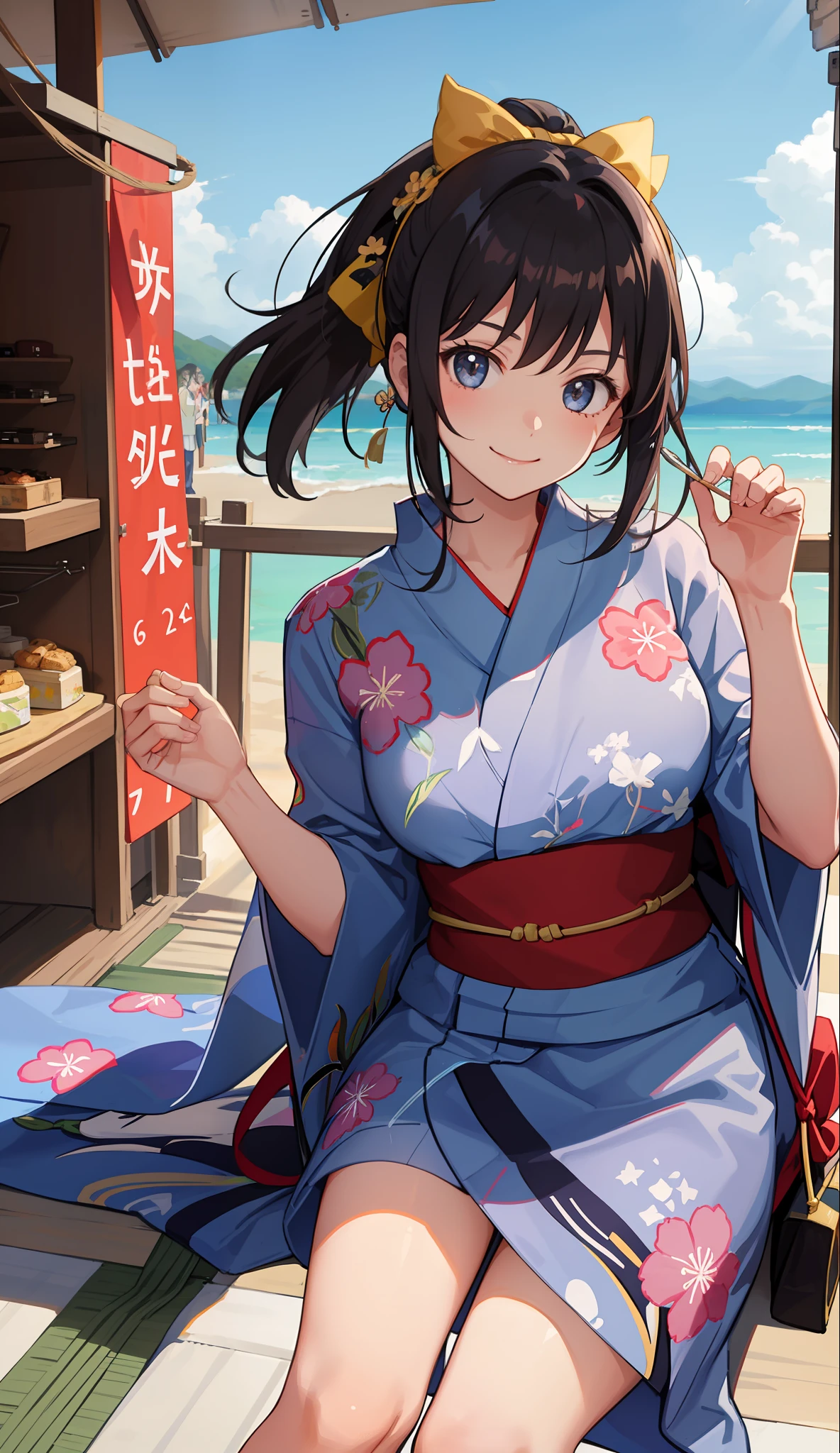 1girl in、a smile、Summer Festival、skyrocket、Wearing a yukata、（Portrait from the knee up）、