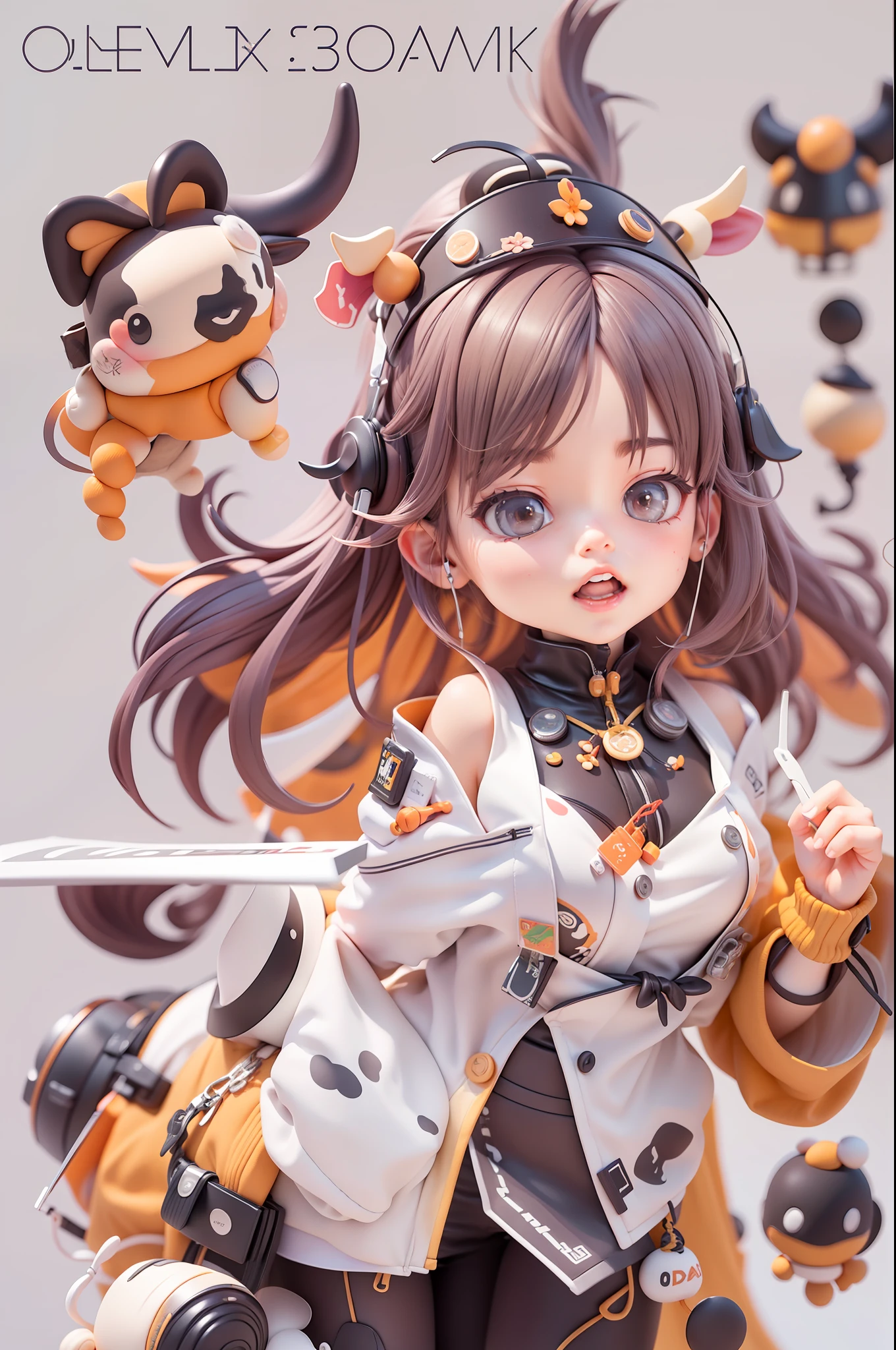 (Daisaku),(Need),(Super meticulous),(full bodyesbian:1.2),(soio),orange color theme,cow horn，Loli Magician,adolable,Girly face，Open-mouthed,Earphone,cow horn,Popmart blind box,Clay texture,Treading on the ground,Black and white background,natural  lightting,Best quality at best,Hyper-detailing,arte 3D,C4D, OC renderer, a 3D render, 8k
Wait for it to start