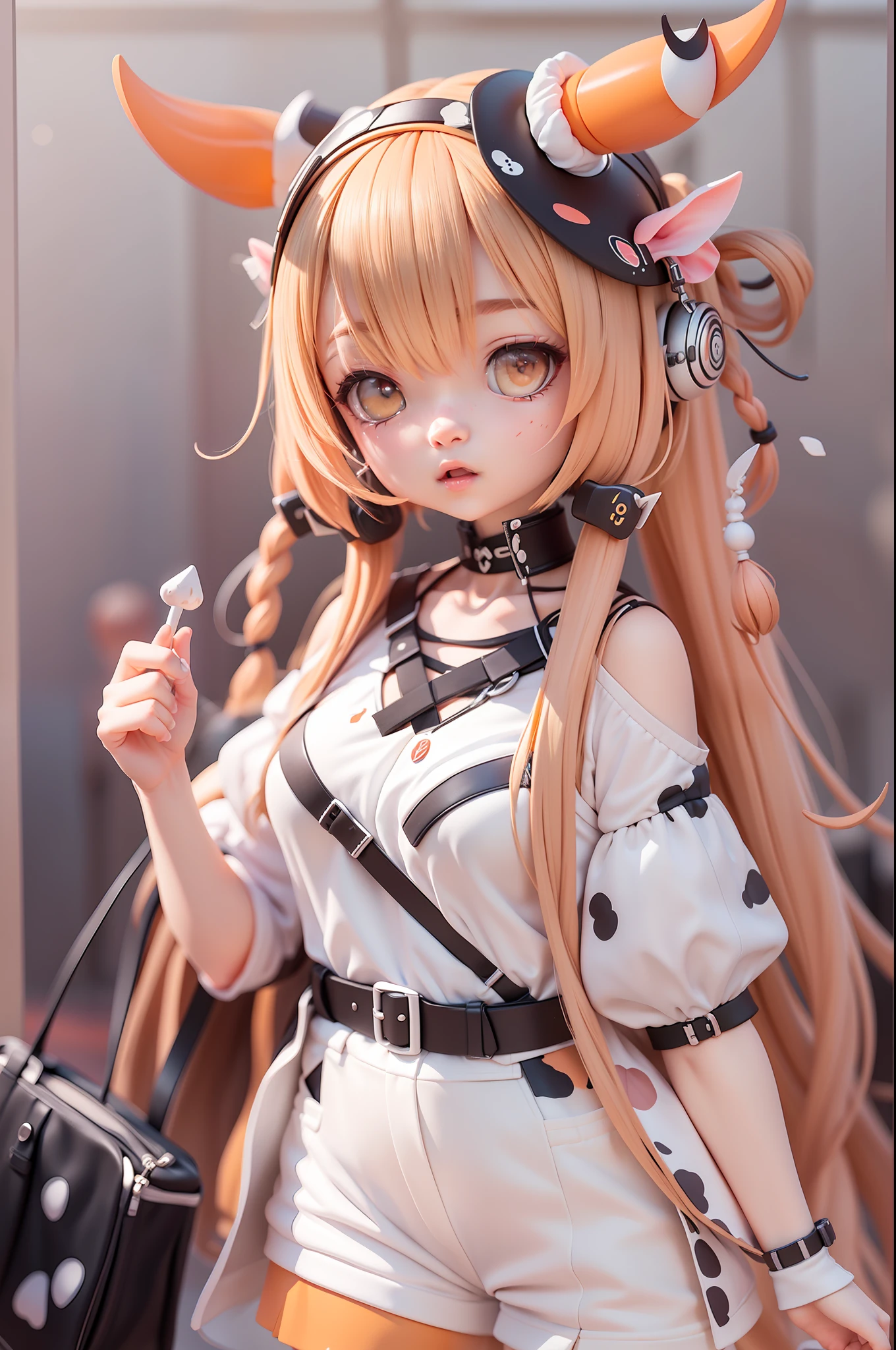 (Daisaku),(Need),(Super meticulous),(full bodyesbian:1.2),(soio),orange color theme,cow horn，Loli Magician,adolable,Girly face，Open-mouthed,Earphone,cow horn,Popmart blind box,Clay texture,Treading on the ground,Black and white background,natural  lightting,Best quality at best,Hyper-detailing,arte 3D,C4D, OC renderer, a 3D render, 8k
Wait for it to start
