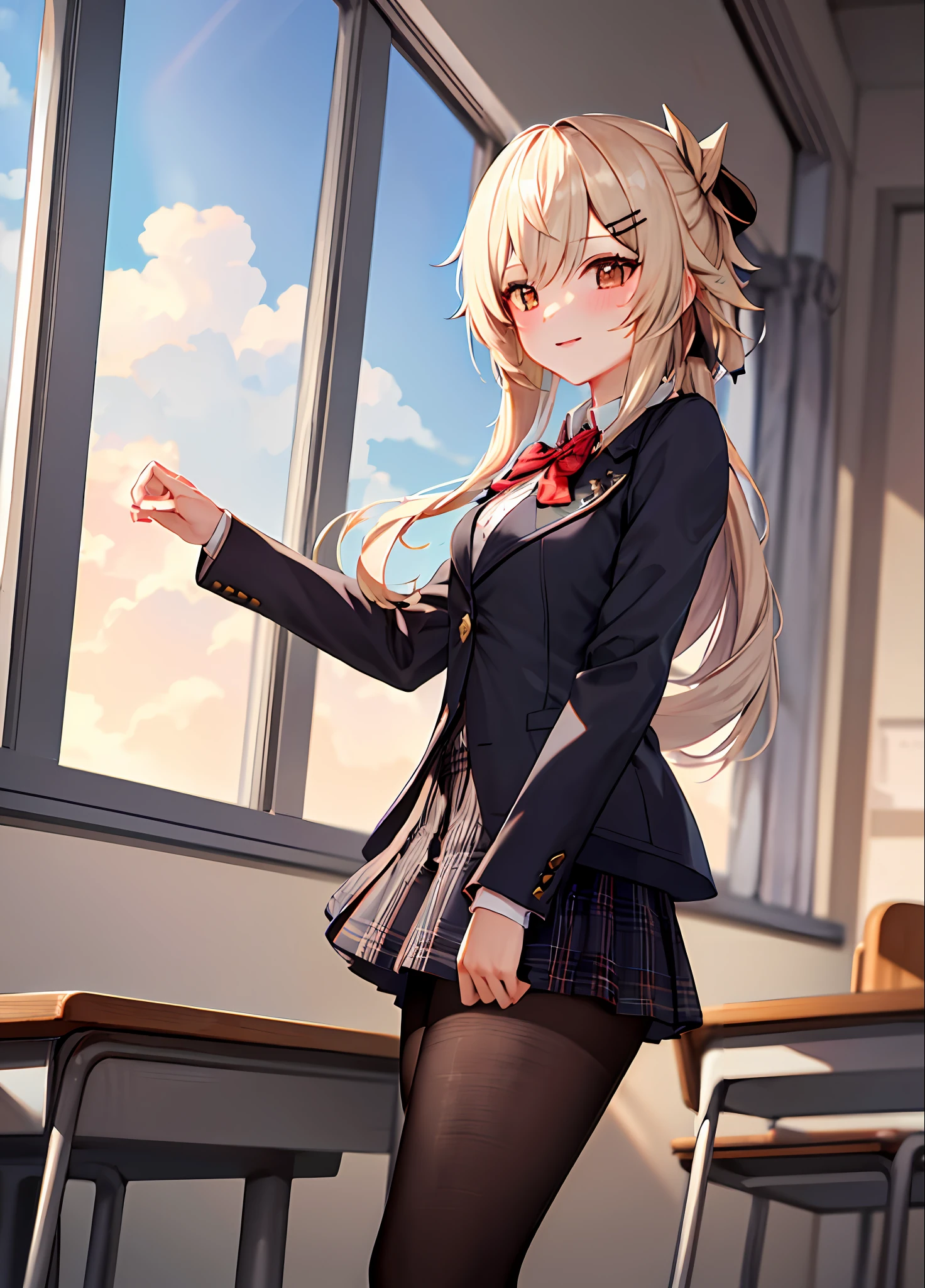 best quality, ((masterpiece)),extremely details, ultra high res, illustration,1girl,lumine \(genshin impact\),skirt, jacket, plaid_skirt, plaid, desk, blazer, solo, book, classroom, school_desk, hair_ornament, indoors, school_uniform,looking_at_viewer, pleated_skirt, blush, window, black_jacket, shirt, long_sleeves, mole, hairclip, collared_shirt