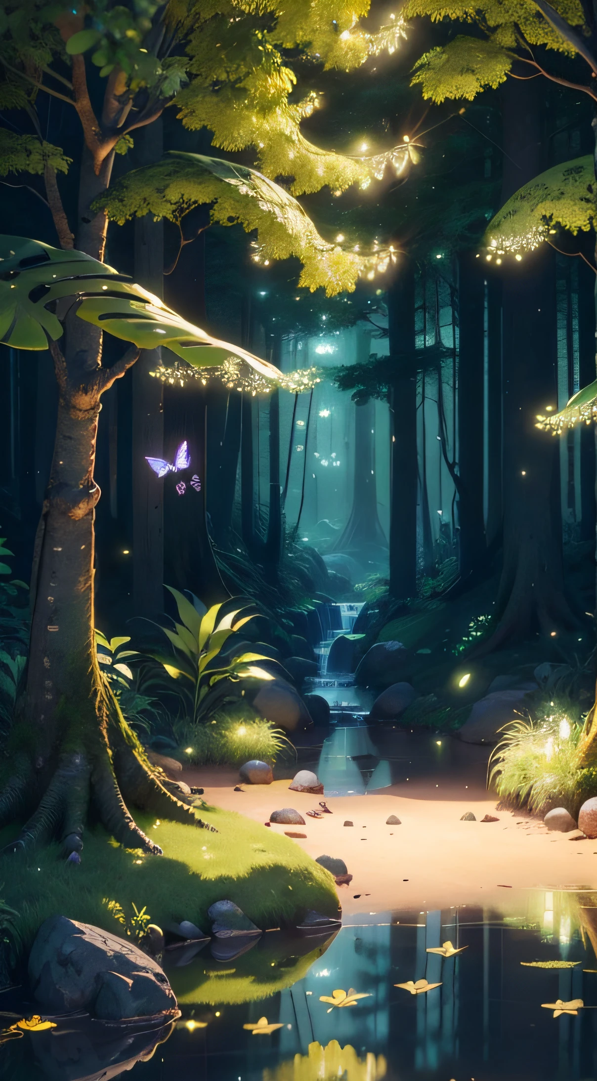 A masterpiece, the best quality, stunning reflections, the best reflections ever. (very detailed CG unity 8k wallpapers), (best quality), (best illustrations), (best shadows), forest theme with natural elements. Tall trees, quiet streams, small glowing mushrooms surrounded by delicate leaves and branches, with fireflies and glowing particle effects,, (natural elements), (jungle theme), (leaves), (twigs), (fireflies), butterflies, (delicate leaves), (glow), (particle effects). , Isometric 3D, Octane Rendering, Ray Traced, Super Detailed