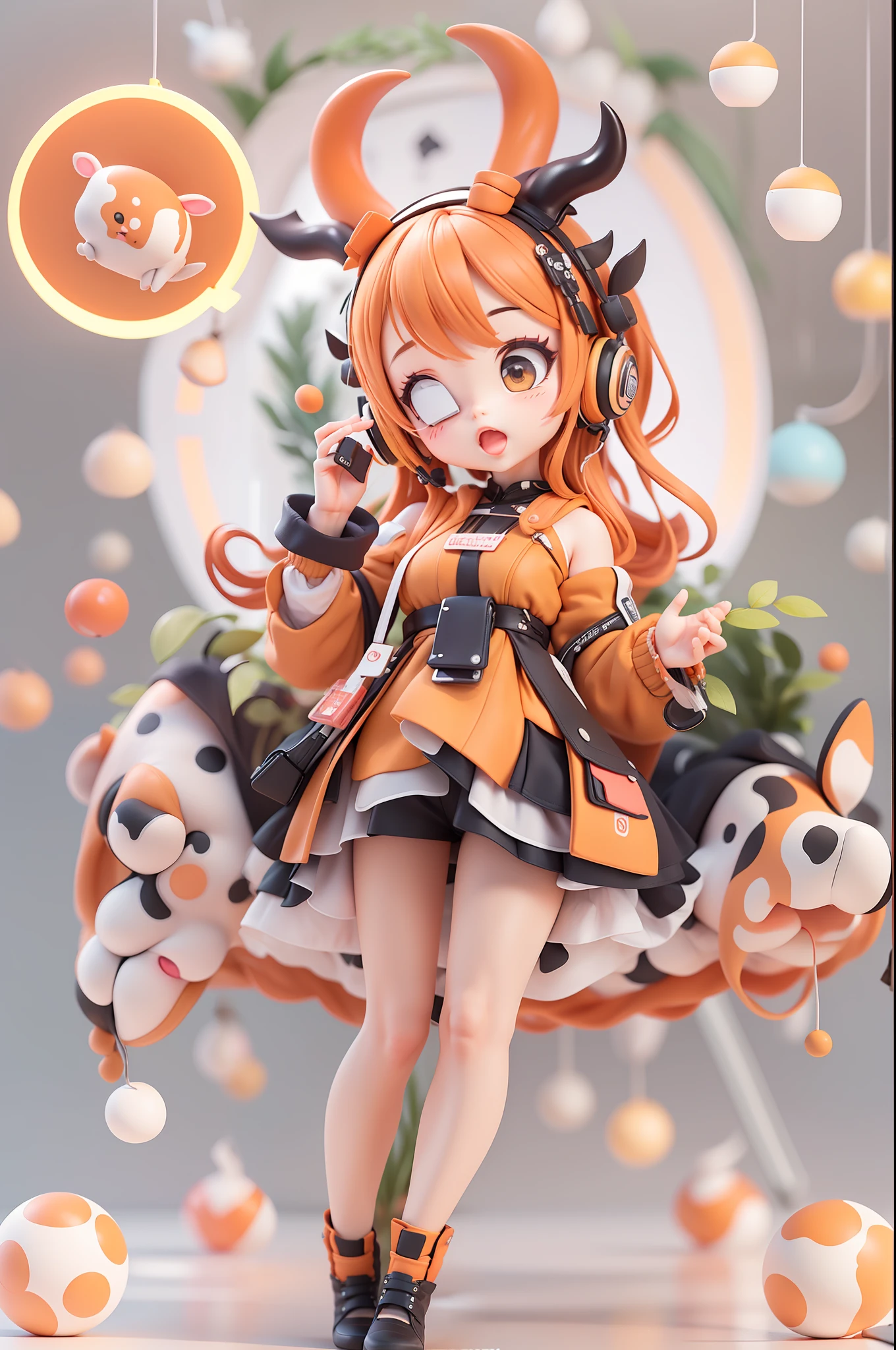 (Daisaku),(Need),(Super meticulous),(full bodyesbian:1.2),(soio),orange color theme,cow horn, Magician,adolable,Girly face,Open-mouthed,Earphone,cow horn,Popmart blind box,Clay texture,Treading on the ground,Black and white background,natural lightting,Best quality at best,Hyper-detailing,arte 3D,C4D, OC renderer, a 3D render, 8k
Wait for it to start